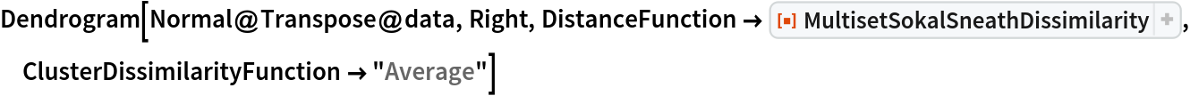 Dendrogram[Normal@Transpose@data, Right, DistanceFunction -> ResourceFunction[
  "MultisetSokalSneathDissimilarity"], ClusterDissimilarityFunction -> "Average"]