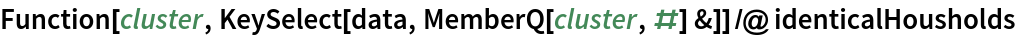 Function[cluster, KeySelect[data, MemberQ[cluster, #] &]] /@ identicalHousholds