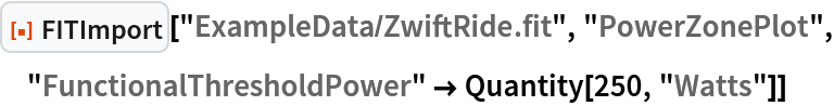 ResourceFunction[
 "FITImport"]["ExampleData/ZwiftRide.fit", "PowerZonePlot", "FunctionalThresholdPower" -> Quantity[250, "Watts"]]