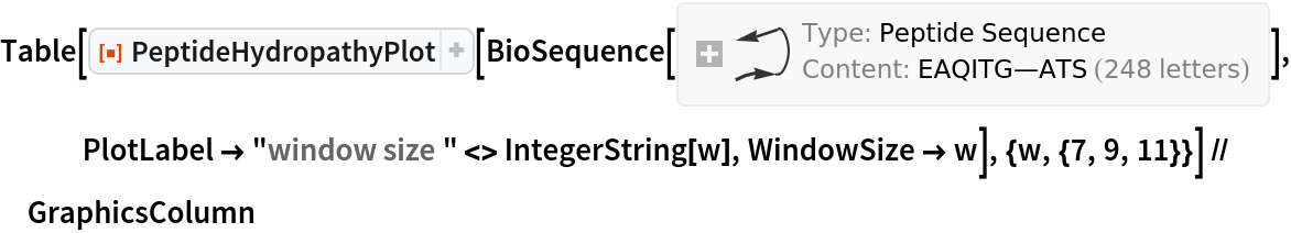 Table[ResourceFunction["PeptideHydropathyPlot"][BioSequence[
   "Peptide", "EAQITGRPEWIWLALGTALMGLGTLYFLVKGMGVSDPDAKKFYAITTLVPAIAFTMYLSMLLGYGLTMVPFGGEQNPIYWARYADWLFTTPLLLLDLALLVDADQGTILALVGADGIMIGTGLVGALTKVYSYRFVWWAISTAAMLYILYVLFFGFTSKAESMRPEVASTFKVLRNVTVVLWSAYPVVWLIGSEGAGIVPLNIETLLFMVLDVSAKVGFGLILLRSRAIFGEAEAPEPSAGDGAAATS"], PlotLabel -> "window size " <> IntegerString[w], WindowSize -> w], {w, {7, 9, 11}}] // GraphicsColumn