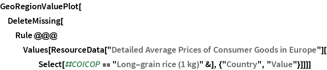 GeoRegionValuePlot[
 DeleteMissing[
  Rule @@@ Values[
    ResourceData[
      "Detailed Average Prices of Consumer Goods in Europe"][
     Select[#COICOP == "Long-grain rice (1 kg)" &], {"Country", "Value"}]]]]