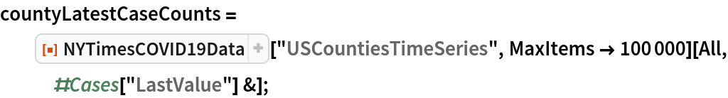 countyLatestCaseCounts = ResourceFunction["NYTimesCOVID19Data"]["USCountiesTimeSeries", MaxItems -> 100000][All, #Cases["LastValue"] &];