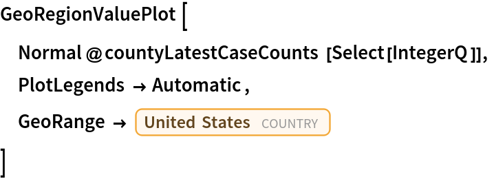 GeoRegionValuePlot[
 Normal@countyLatestCaseCounts[Select[IntegerQ]],
 PlotLegends -> Automatic,
 GeoRange -> Entity["Country", "UnitedStates"]
 ]