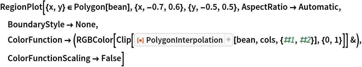 RegionPlot[{x, y} \[Element] Polygon[bean], {x, -0.7, 0.6}, {y, -0.5, 0.5}, AspectRatio -> Automatic, BoundaryStyle -> None, ColorFunction -> (RGBColor[
     Clip[ResourceFunction["PolygonInterpolation"][bean, cols, {#1, #2}], {0, 1}]] &), ColorFunctionScaling -> False]
