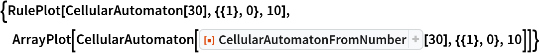 {RulePlot[CellularAutomaton[30], {{1}, 0}, 10], ArrayPlot[
  CellularAutomaton[
   ResourceFunction["CellularAutomatonFromNumber"][30], {{1}, 0}, 10]]}