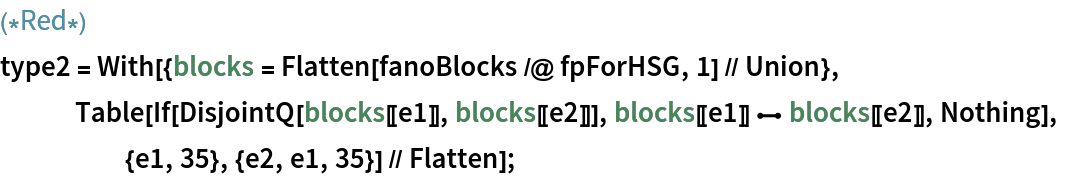 (*Red*)
type2 = With[{blocks = Flatten[fanoBlocks /@ fpForHSG, 1] // Union}, Table[If[DisjointQ[blocks[[e1]], blocks[[e2]]], blocks[[e1]] \[UndirectedEdge] blocks[[e2]], Nothing],
     {e1, 35}, {e2, e1, 35}] // Flatten];
