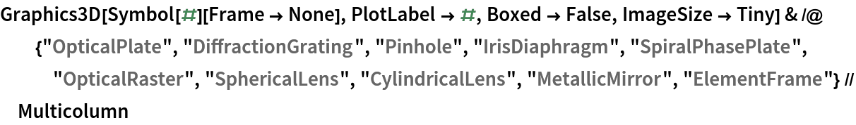 Graphics3D[Symbol[#][Frame -> None], PlotLabel -> #, Boxed -> False, ImageSize -> Tiny] & /@ {"OpticalPlate", "DiffractionGrating", "Pinhole", "IrisDiaphragm", "SpiralPhasePlate", "OpticalRaster", "SphericalLens", "CylindricalLens", "MetallicMirror", "ElementFrame"} // Multicolumn