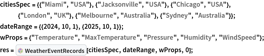 citiesSpec = {{"Miami", "USA"}, {"Jacksonville", "USA"}, {"Chicago", "USA"}, {"London", "UK"}, {"Melbourne", "Australia"}, {"Sydney", "Australia"}};
dateRange = {{2024, 10, 1}, {2025, 10, 1}};
wProps = {"Temperature", "MaxTemperature", "Pressure", "Humidity", "WindSpeed"};
res = InterpretationBox[FrameBox[TagBox[TooltipBox[PaneBox[GridBox[List[List[GraphicsBox[List[Thickness[0.0025`], List[FaceForm[List[RGBColor[0.9607843137254902`, 0.5058823529411764`, 0.19607843137254902`], Opacity[1.`]]], FilledCurveBox[List[List[List[0, 2, 0], List[0, 1, 0], List[0, 1, 0], List[0, 1, 0], List[0, 1, 0]], List[List[0, 2, 0], List[0, 1, 0], List[0, 1, 0], List[0, 1, 0], List[0, 1, 0]], List[List[0, 2, 0], List[0, 1, 0], List[0, 1, 0], List[0, 1, 0], List[0, 1, 0], List[0, 1, 0]], List[List[0, 2, 0], List[1, 3, 3], List[0, 1, 0], List[1, 3, 3], List[0, 1, 0], List[1, 3, 3], List[0, 1, 0], List[1, 3, 3], List[1, 3, 3], List[0, 1, 0], List[1, 3, 3], List[0, 1, 0], List[1, 3, 3]]], List[List[List[205.`, 22.863691329956055`], List[205.`, 212.31669425964355`], List[246.01799774169922`, 235.99870109558105`], List[369.0710144042969`, 307.0436840057373`], List[369.0710144042969`, 117.59068870544434`], List[205.`, 22.863691329956055`]], List[List[30.928985595703125`, 307.0436840057373`], List[153.98200225830078`, 235.99870109558105`], List[195.`, 212.31669425964355`], List[195.`, 22.863691329956055`], List[30.928985595703125`, 117.59068870544434`], List[30.928985595703125`, 307.0436840057373`]], List[List[200.`, 410.42970085144043`], List[364.0710144042969`, 315.7036876678467`], List[241.01799774169922`, 244.65868949890137`], List[200.`, 220.97669792175293`], List[158.98200225830078`, 244.65868949890137`], List[35.928985595703125`, 315.7036876678467`], List[200.`, 410.42970085144043`]], List[List[376.5710144042969`, 320.03370475769043`], List[202.5`, 420.53370475769043`], List[200.95300006866455`, 421.42667961120605`], List[199.04699993133545`, 421.42667961120605`], List[197.5`, 420.53370475769043`], List[23.428985595703125`, 320.03370475769043`], List[21.882003784179688`, 319.1406993865967`], List[20.928985595703125`, 317.4896984100342`], List[20.928985595703125`, 315.7036876678467`], List[20.928985595703125`, 114.70369529724121`], List[20.928985595703125`, 112.91769218444824`], List[21.882003784179688`, 111.26669120788574`], List[23.428985595703125`, 110.37369346618652`], List[197.5`, 9.87369155883789`], List[198.27300024032593`, 9.426692008972168`], List[199.13700008392334`, 9.203690528869629`], List[200.`, 9.203690528869629`], List[200.86299991607666`, 9.203690528869629`], List[201.72699999809265`, 9.426692008972168`], List[202.5`, 9.87369155883789`], List[376.5710144042969`, 110.37369346618652`], List[378.1179962158203`, 111.26669120788574`], List[379.0710144042969`, 112.91769218444824`], List[379.0710144042969`, 114.70369529724121`], List[379.0710144042969`, 315.7036876678467`], List[379.0710144042969`, 317.4896984100342`], List[378.1179962158203`, 319.1406993865967`], List[376.5710144042969`, 320.03370475769043`]]]]], List[FaceForm[List[RGBColor[0.5529411764705883`, 0.6745098039215687`, 0.8117647058823529`], Opacity[1.`]]], FilledCurveBox[List[List[List[0, 2, 0], List[0, 1, 0], List[0, 1, 0], List[0, 1, 0]]], List[List[List[44.92900085449219`, 282.59088134765625`], List[181.00001525878906`, 204.0298843383789`], List[181.00001525878906`, 46.90887451171875`], List[44.92900085449219`, 125.46986389160156`], List[44.92900085449219`, 282.59088134765625`]]]]], List[FaceForm[List[RGBColor[0.6627450980392157`, 0.803921568627451`, 0.5686274509803921`], Opacity[1.`]]], FilledCurveBox[List[List[List[0, 2, 0], List[0, 1, 0], List[0, 1, 0], List[0, 1, 0]]], List[List[List[355.0710144042969`, 282.59088134765625`], List[355.0710144042969`, 125.46986389160156`], List[219.`, 46.90887451171875`], List[219.`, 204.0298843383789`], List[355.0710144042969`, 282.59088134765625`]]]]], List[FaceForm[List[RGBColor[0.6901960784313725`, 0.5882352941176471`, 0.8117647058823529`], Opacity[1.`]]], FilledCurveBox[List[List[List[0, 2, 0], List[0, 1, 0], List[0, 1, 0], List[0, 1, 0]]], List[List[List[200.`, 394.0606994628906`], List[336.0710144042969`, 315.4997024536133`], List[200.`, 236.93968200683594`], List[63.928985595703125`, 315.4997024536133`], List[200.`, 394.0606994628906`]]]]]], List[Rule[BaselinePosition, Scaled[0.15`]], Rule[ImageSize, 10], Rule[ImageSize, 15]]], StyleBox[RowBox[List["WeatherEventRecords", " "]], Rule[ShowAutoStyles, False], Rule[ShowStringCharacters, False], Rule[FontSize, Times[0.9`, Inherited]], Rule[FontColor, GrayLevel[0.1`]]]]], Rule[GridBoxSpacings, List[Rule["Columns", List[List[0.25`]]]]]], Rule[Alignment, List[Left, Baseline]], Rule[BaselinePosition, Baseline], Rule[FrameMargins, List[List[3, 0], List[0, 0]]], Rule[BaseStyle, List[Rule[LineSpacing, List[0, 0]], Rule[LineBreakWithin, False]]]], RowBox[List["PacletSymbol", "[", RowBox[List["\"AntonAntonov/MonadicEventRecordsTransformations\"", ",", "\"AntonAntonov`MonadicEventRecordsTransformations`WeatherEventRecords\""]], "]"]], Rule[TooltipStyle, List[Rule[ShowAutoStyles, True], Rule[ShowStringCharacters, True]]]], Function[Annotation[Slot[1], Style[Defer[PacletSymbol["AntonAntonov/MonadicEventRecordsTransformations", "AntonAntonov`MonadicEventRecordsTransformations`WeatherEventRecords"]], Rule[ShowStringCharacters, True]], "Tooltip"]]], Rule[Background, RGBColor[0.968`, 0.976`, 0.984`]], Rule[BaselinePosition, Baseline], Rule[DefaultBaseStyle, List[]], Rule[FrameMargins, List[List[0, 0], List[1, 1]]], Rule[FrameStyle, RGBColor[0.831`, 0.847`, 0.85`]], Rule[RoundingRadius, 4]], PacletSymbol["AntonAntonov/MonadicEventRecordsTransformations", "AntonAntonov`MonadicEventRecordsTransformations`WeatherEventRecords"], Rule[Selectable, False], Rule[SelectWithContents, True], Rule[BoxID, "PacletSymbolBox"]][citiesSpec, dateRange, wProps, 0];
