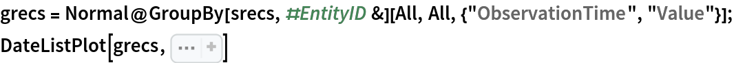 grecs = Normal@
   GroupBy[srecs, #EntityID &][All, All, {"ObservationTime", "Value"}];
DateListPlot[grecs, Sequence[
 ImageSize -> Large, PlotTheme -> "Detailed", AspectRatio -> 1/3, FrameLabel -> {"Time", "Temperature, C°"}]]