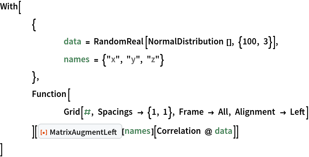 With[
 	{
  		data = RandomReal[NormalDistribution[], {100, 3}],
  		names = {"x", "y", "z"}
  	},
 	Function[
   		Grid[#, Spacings -> {1, 1}, Frame -> All, Alignment -> Left]
   	][ResourceFunction["MatrixAugmentLeft"][names][Correlation @ data]]
 ]