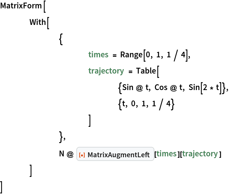MatrixForm[
 	With[
  		{
   			times = Range[0, 1, 1 / 4],
   			trajectory = Table[
     				{Sin @ t, Cos @ t, Sin[2 * t]},
     				{t, 0, 1, 1 / 4}
     			]
   		},
  		N @ ResourceFunction["MatrixAugmentLeft"][times][trajectory]
  	]
 ]