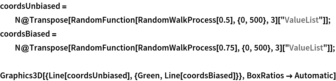coordsUnbiased = N@Transpose[
    RandomFunction[RandomWalkProcess[0.5], {0, 500}, 3][
     "ValueList"]];
coordsBiased = N@Transpose[
    RandomFunction[RandomWalkProcess[0.75], {0, 500}, 3]["ValueList"]];

Graphics3D[{Line[coordsUnbiased], {Green, Line[coordsBiased]}}, BoxRatios -> Automatic]