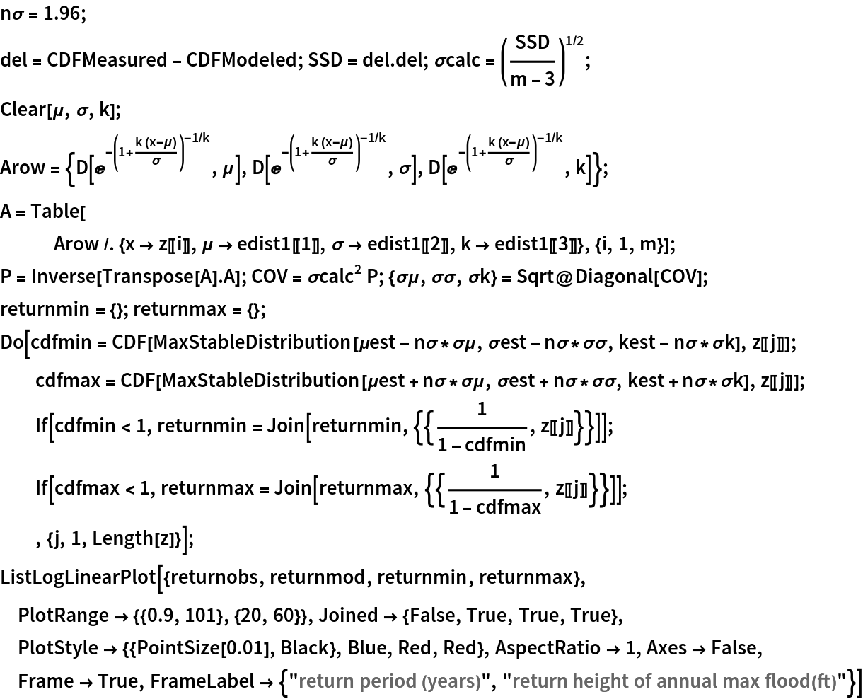 n\[Sigma] = 1.96;
del = CDFMeasured - CDFModeled; SSD = del . del; \[Sigma]calc = (SSD/(m - 3))^(1/2);
Clear[\[Mu], \[Sigma], k]; 
Arow = {D[E^-(1 + (k (x - \[Mu]))/\[Sigma])^(-1/k), \[Mu]], D[E^-(1 + (k (x - \[Mu]))/\[Sigma])^(-1/k), \[Sigma]], D[E^-(1 + (k (x - \[Mu]))/\[Sigma])^(-1/k), k]};
A = Table[
   Arow /. {x -> z[[i]], \[Mu] -> edist1[[1]], \[Sigma] -> edist1[[2]],
      k -> edist1[[3]]}, {i, 1, m}];
P = Inverse[
  Transpose[A] . A]; COV = \[Sigma]calc^2 P; {\[Sigma]\[Mu], \[Sigma]\[Sigma], \[Sigma]k} = Sqrt@Diagonal[COV];
returnmin = {}; returnmax = {};
Do[cdfmin = CDF[MaxStableDistribution[\[Mu]est - n\[Sigma]*\[Sigma]\[Mu], \[Sigma]est - n\[Sigma]*\[Sigma]\[Sigma], kest - n\[Sigma]*\[Sigma]k], z[[j]]];
  cdfmax = CDF[MaxStableDistribution[\[Mu]est + n\[Sigma]*\[Sigma]\[Mu], \[Sigma]est + n\[Sigma]*\[Sigma]\[Sigma], kest + n\[Sigma]*\[Sigma]k], z[[j]]];
  If[cdfmin < 1, returnmin = Join[returnmin, {{1/(1 - cdfmin), z[[j]]}}]];
  If[cdfmax < 1, returnmax = Join[returnmax, {{1/(1 - cdfmax), z[[j]]}}]];
  , {j, 1, Length[z]}];
ListLogLinearPlot[{returnobs, returnmod, returnmin, returnmax}, PlotRange -> {{0.9, 101}, {20, 60}}, Joined -> {False, True, True, True}, PlotStyle -> {{PointSize[0.01], Black}, Blue, Red, Red}, AspectRatio -> 1, Axes -> False, Frame -> True, FrameLabel -> {"return period (years)", "return height of annual max flood(ft)"}]