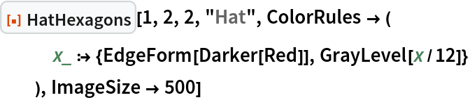 ResourceFunction["HatHexagons"][1, 2, 2, "Hat", ColorRules -> (
   x_ :> {EdgeForm[Darker[Red]], GrayLevel[x/12]}
   ), ImageSize -> 500]