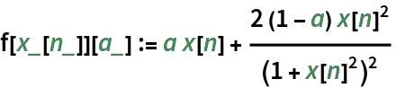 f[x_[n_]][a_] := a x[n] + (2 (1 - a) x[n]^2)/(1 + x[n]^2)^2