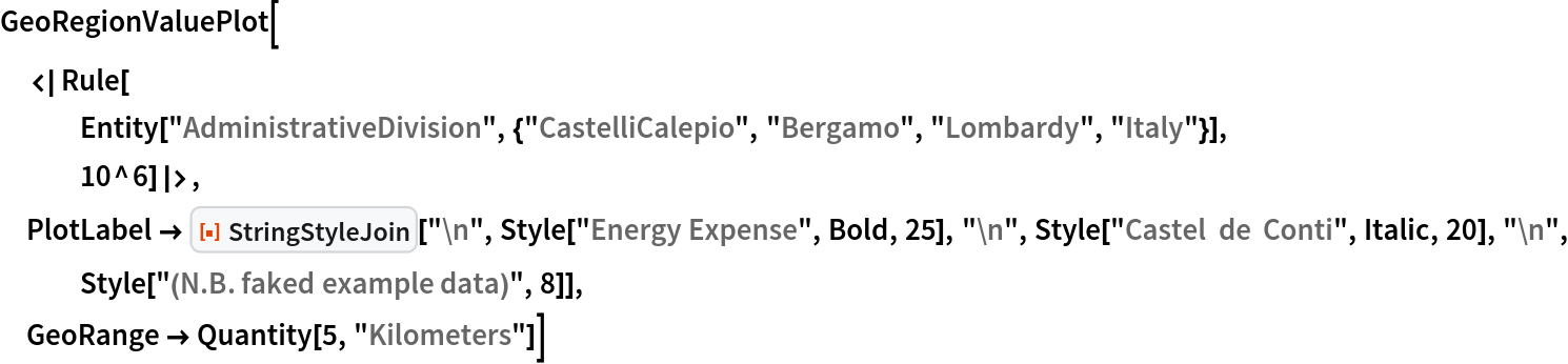 GeoRegionValuePlot[
 <|Rule[
   Entity[
    "AdministrativeDivision", {"CastelliCalepio", "Bergamo", "Lombardy", "Italy"}],
   10^6]|>,
 PlotLabel -> ResourceFunction["StringStyleJoin"]["\n", Style["Energy Expense", Bold, 25], "\n", Style["Castel  de  Conti", Italic, 20], "\n", Style["(N.B. faked example data)", 8]],
 GeoRange -> Quantity[5, "Kilometers"]]