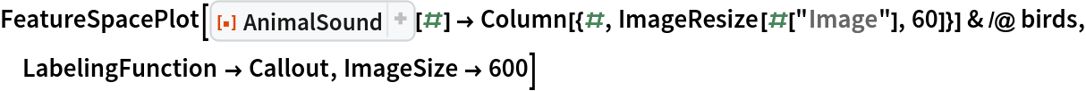 FeatureSpacePlot[
 ResourceFunction[
     "AnimalSound", ResourceSystemBase -> "https://www.wolframcloud.com/obj/resourcesystem/api/1.0"][#] -> Column[{#, ImageResize[#["Image"], 60]}] & /@ birds, LabelingFunction -> Callout, ImageSize -> 600]