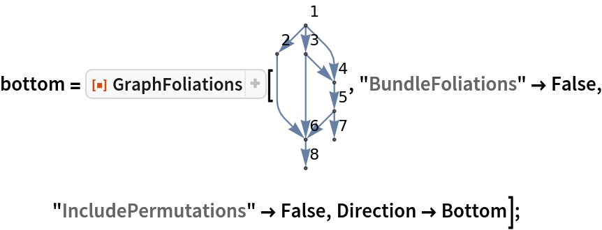 bottom = ResourceFunction["GraphFoliations"][\!\(\*
GraphicsBox[
NamespaceBox["NetworkGraphics",
DynamicModuleBox[{Typeset`graph = HoldComplete[
Graph[{1, 2, 3, 4, 5, 6, 7, 8}, {
SparseArray[
           Automatic, {8, 8}, 0, {1, {{0, 3, 4, 6, 7, 9, 10, 10, 10}, {{2}, {3}, {4}, {
              6}, {4}, {6}, {5}, {6}, {7}, {8}}}, Pattern}], Null}, {GraphLayout -> {"Dimension" -> 2}, VertexLabels -> {Automatic}}]]}, 
TagBox[GraphicsGroupBox[{
{Hue[0.6, 0.7, 0.5], Opacity[0.7], Arrowheads[Medium], ArrowBox[{{0., 5.}, {-1., 4.}}, 0.043048128342245986`], ArrowBox[{{0., 5.}, {0., 4.}}, 0.043048128342245986`], ArrowBox[BezierCurveBox[CompressedData["
1:eJxTTMoPSmViYGCQAWIQjQpEHGbympsuPrTC/snEqTurzgk7yK1fE3zr8C57
Z9+N0z5MEXao2jNT9Ozko/ayRsHTE4OFHTQ+TZ/gceycfb5D9e6znMIOPjUZ
Z9fXXLG3rtBkNt0h5PAkXUmqU+yWfdPN2LzpcUIO7+/aiEdIPLB3SpH4++WP
oIOsjXnrpNTH9jUSket9Jws6VPsxXP/86Zm9wTf51oWKgg4Rk0NF7W++sJ+h
1Dn55H0Bh3MtoT4hba/sKxa7+P+eJeDwSImhxvjXa/szFUE7zIIFHPpzQ5fc
MXlrP3XRpnPVHAIO11JCj/qbvbNf4XhKZWopv8NODob7Pf/e2Qs8v8zmdoXP
wSwy9OPk3vf2KaZNzly6fA5+YaF/Uh6/t1+ic/XWw3peB0i4fLA/ewYEeOD8
9DePvp6XRvB/JU40+lDC7cAI5bfo3mjSvcEFl2fx3/6s3RXBrz6mF/d/Dyec
/2qy3cvJdgg+WPkpDjh/jYG6lUgCgg+hORwAxiCqJQ==
"]], 0.043048128342245986`], ArrowBox[BezierCurveBox[CompressedData["
1:eJxTTMoPSmViYGBQBWIQDQEf9kNoAQcYP/j8jaOv5/PD+Rs9JCt2mfI7MEL5
EjkHxXIO8sHlWy0vLmRwRvD/bABp4IXz6y6p115SR/DZ5uWd5e/mgfNnCMty
GTzhhvONwQDBvwjSXssF5xfJHC+UOc4Jd4+wIAhwwuU3sEYDEQecH/Brif+v
Jexw/vt3IMAG5/c9tgAiBF/vRpPujSZWON8E7B5mB9+w0D8pj9/vj7uspSrX
wORgFhn6cXLv+/2zT9Xu+XqJ0WEXB8P9nn/v9n+Q0Pm5U5vR4VpK6FF/s3f7
I/aZ3s7qYnDoyw1dcsfk7f41paZHBe79t3+kxFBj/Ov1/ksy2+RUN/+zP98S
6hPS9mq/UtHbQ0JT/tpHTA4Vtb/5Yv/s0tsbbzb8sa/2Y7j++dOz/XbqDa8r
K3/by9iYt05Kfbyfb95sp5Obftq/v2sjHiHxYP/PvHncOjw/7J+lK0l1it3a
/3tmh9ui1m/2PjUZZ9fXXNkvLB/1WVv+q736p+kTPI6d2+/6T0jo5I3P9tV7
ZoqenXx0/wTzzYsqN32yl1u/JvjW4V37P52yWmq75qP9PF5z08WHVuzP3bFS
UvTYB3sGFPDBHgDzC+l0
"]], 0.043048128342245986`], ArrowBox[{{0., 4.}, {1., 3.}}, 0.043048128342245986`], ArrowBox[BezierCurveBox[CompressedData["
1:eJxTTMoPSmViYGBQBWIQjQoEHGCs4PM3jr6ezw/nb/SQrNhliuBL5BwUyznI
B+e3Wl5cyOCM4P/ZANLAC+fXXVKvvaSO4LPNyzvL380D588QluUyeMIN5xuD
AYJ/EaS9lgvOL5I5XihznBPOFxYEAQR/A2s0EHHA+QG/lvj/WsIO579/BwJs
cH7fYwsgQvD1bjTp3mhihfNNwO5hhvOvgN3DBOcXgt3DCOcLgd2D4G8Eu4cB
zl/wxXP+F8//9jD+vbsg8BfOlwUZV/gHzo8Be+g3nD9rJgj8hPPB0WX+A87/
fFgp9cHLb3A+O8j6DV8RfHD4f4Hzv/bE7vlX+RnOB0dX7Sc4H6x8ykc4PyLR
r0TjwAc4HwI+2AMAPjN8fg==
"]], 0.043048128342245986`], ArrowBox[{{1., 3.}, {1., 2.}}, 0.043048128342245986`], ArrowBox[{{1., 2.}, {0., 1.}}, 0.043048128342245986`], ArrowBox[{{1., 2.}, {1., 1.}}, 0.043048128342245986`], ArrowBox[{{0., 1.}, {0., 0.}}, 0.043048128342245986`]}, 
{Hue[0.6, 0.2, 0.8], EdgeForm[{GrayLevel[0], Opacity[
            0.7]}], {DiskBox[{0., 5.}, 0.043048128342245986], InsetBox["1", Offset[{2, 2}, {0.043048128342245986, 5.043048128342246}], ImageScaled[{0, 0}],
BaseStyle->"Graphics"]}, {DiskBox[{-1., 4.}, 0.043048128342245986], InsetBox["2", Offset[{2, 2}, {-0.956951871657754, 4.043048128342246}],
               ImageScaled[{0, 0}],
BaseStyle->"Graphics"]}, {DiskBox[{0., 4.}, 0.043048128342245986], InsetBox["3", Offset[{2, 2}, {0.043048128342245986, 4.043048128342246}], ImageScaled[{0, 0}],
BaseStyle->"Graphics"]}, {DiskBox[{1., 3.}, 0.043048128342245986], InsetBox["4", Offset[{2, 2}, {1.043048128342246, 3.043048128342246}], ImageScaled[{0, 0}],
BaseStyle->"Graphics"]}, {DiskBox[{1., 2.}, 0.043048128342245986], InsetBox["5", Offset[{2, 2}, {1.043048128342246, 2.043048128342246}], ImageScaled[{0, 0}],
BaseStyle->"Graphics"]}, {DiskBox[{0., 1.}, 0.043048128342245986], InsetBox["6", Offset[{2, 2}, {0.043048128342245986, 1.043048128342246}], ImageScaled[{0, 0}],
BaseStyle->"Graphics"]}, {DiskBox[{1., 1.}, 0.043048128342245986], InsetBox["7", Offset[{2, 2}, {1.043048128342246, 1.043048128342246}], ImageScaled[{0, 0}],
BaseStyle->"Graphics"]}, {DiskBox[{0., 0.}, 0.043048128342245986], InsetBox["8", Offset[{2, 2}, {0.043048128342245986, 0.043048128342245986}], ImageScaled[{0, 0}],
BaseStyle->"Graphics"]}}}],
MouseAppearanceTag["NetworkGraphics"]],
AllowKernelInitialization->False]],
DefaultBaseStyle->{"NetworkGraphics", FrontEnd`GraphicsHighlightColor -> Hue[0.8, 1., 0.6]},
FormatType->TraditionalForm,
FrameTicks->None]\), "BundleFoliations" -> False, "IncludePermutations" -> False, Direction -> Bottom];
