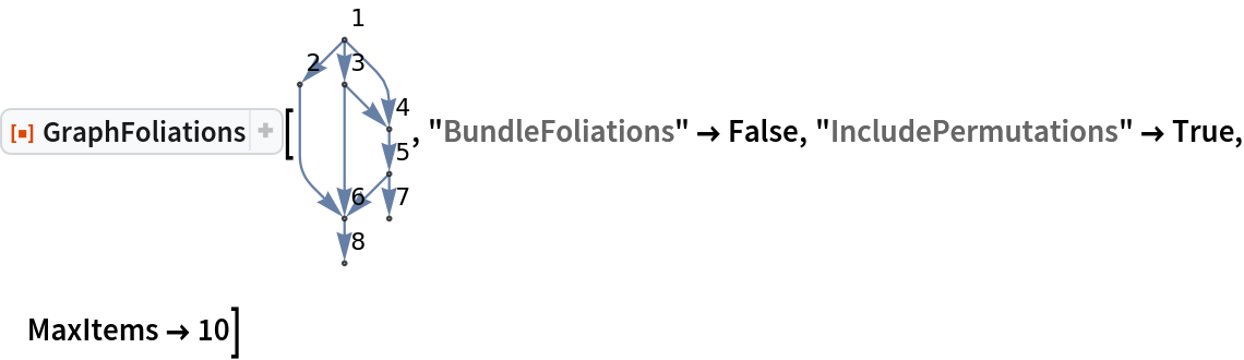 ResourceFunction["GraphFoliations"][\!\(\*
GraphicsBox[
NamespaceBox["NetworkGraphics",
DynamicModuleBox[{Typeset`graph = HoldComplete[
Graph[{1, 2, 3, 4, 5, 6, 7, 8}, {
SparseArray[
         Automatic, {8, 8}, 0, {1, {{0, 3, 4, 6, 7, 9, 10, 10, 10}, {{2}, {3}, {4}, {
            6}, {4}, {6}, {5}, {6}, {7}, {8}}}, Pattern}], Null}, {GraphLayout -> {"Dimension" -> 2}, VertexLabels -> {Automatic}}]]}, 
TagBox[GraphicsGroupBox[{
{Hue[0.6, 0.7, 0.5], Opacity[0.7], Arrowheads[Medium], ArrowBox[{{0., 5.}, {-1., 4.}}, 0.043048128342245986`], ArrowBox[{{0., 5.}, {0., 4.}}, 0.043048128342245986`], ArrowBox[BezierCurveBox[CompressedData["
1:eJxTTMoPSmViYGCQAWIQjQpEHGbympsuPrTC/snEqTurzgk7yK1fE3zr8C57
Z9+N0z5MEXao2jNT9Ozko/ayRsHTE4OFHTQ+TZ/gceycfb5D9e6znMIOPjUZ
Z9fXXLG3rtBkNt0h5PAkXUmqU+yWfdPN2LzpcUIO7+/aiEdIPLB3SpH4++WP
oIOsjXnrpNTH9jUSket9Jws6VPsxXP/86Zm9wTf51oWKgg4Rk0NF7W++sJ+h
1Dn55H0Bh3MtoT4hba/sKxa7+P+eJeDwSImhxvjXa/szFUE7zIIFHPpzQ5fc
MXlrP3XRpnPVHAIO11JCj/qbvbNf4XhKZWopv8NODob7Pf/e2Qs8v8zmdoXP
wSwy9OPk3vf2KaZNzly6fA5+YaF/Uh6/t1+ic/XWw3peB0i4fLA/ewYEeOD8
9DePvp6XRvB/JU40+lDC7cAI5bfo3mjSvcEFl2fx3/6s3RXBrz6mF/d/Dyec
/2qy3cvJdgg+WPkpDjh/jYG6lUgCgg+hORwAxiCqJQ==
"]], 0.043048128342245986`], ArrowBox[BezierCurveBox[CompressedData["
1:eJxTTMoPSmViYGBQBWIQDQEf9kNoAQcYP/j8jaOv5/PD+Rs9JCt2mfI7MEL5
EjkHxXIO8sHlWy0vLmRwRvD/bABp4IXz6y6p115SR/DZ5uWd5e/mgfNnCMty
GTzhhvONwQDBvwjSXssF5xfJHC+UOc4Jd4+wIAhwwuU3sEYDEQecH/Brif+v
Jexw/vt3IMAG5/c9tgAiBF/vRpPujSZWON8E7B5mB9+w0D8pj9/vj7uspSrX
wORgFhn6cXLv+/2zT9Xu+XqJ0WEXB8P9nn/v9n+Q0Pm5U5vR4VpK6FF/s3f7
I/aZ3s7qYnDoyw1dcsfk7f41paZHBe79t3+kxFBj/Ov1/ksy2+RUN/+zP98S
6hPS9mq/UtHbQ0JT/tpHTA4Vtb/5Yv/s0tsbbzb8sa/2Y7j++dOz/XbqDa8r
K3/by9iYt05Kfbyfb95sp5Obftq/v2sjHiHxYP/PvHncOjw/7J+lK0l1it3a
/3tmh9ui1m/2PjUZZ9fXXNkvLB/1WVv+q736p+kTPI6d2+/6T0jo5I3P9tV7
ZoqenXx0/wTzzYsqN32yl1u/JvjW4V37P52yWmq75qP9PF5z08WHVuzP3bFS
UvTYB3sGFPDBHgDzC+l0
"]], 0.043048128342245986`], ArrowBox[{{0., 4.}, {1., 3.}}, 0.043048128342245986`], ArrowBox[BezierCurveBox[CompressedData["
1:eJxTTMoPSmViYGBQBWIQjQoEHGCs4PM3jr6ezw/nb/SQrNhliuBL5BwUyznI
B+e3Wl5cyOCM4P/ZANLAC+fXXVKvvaSO4LPNyzvL380D588QluUyeMIN5xuD
AYJ/EaS9lgvOL5I5XihznBPOFxYEAQR/A2s0EHHA+QG/lvj/WsIO579/BwJs
cH7fYwsgQvD1bjTp3mhihfNNwO5hhvOvgN3DBOcXgt3DCOcLgd2D4G8Eu4cB
zl/wxXP+F8//9jD+vbsg8BfOlwUZV/gHzo8Be+g3nD9rJgj8hPPB0WX+A87/
fFgp9cHLb3A+O8j6DV8RfHD4f4Hzv/bE7vlX+RnOB0dX7Sc4H6x8ykc4PyLR
r0TjwAc4HwI+2AMAPjN8fg==
"]], 0.043048128342245986`], ArrowBox[{{1., 3.}, {1., 2.}}, 0.043048128342245986`], ArrowBox[{{1., 2.}, {0., 1.}}, 0.043048128342245986`], ArrowBox[{{1., 2.}, {1., 1.}}, 0.043048128342245986`], ArrowBox[{{0., 1.}, {0., 0.}}, 0.043048128342245986`]}, 
{Hue[0.6, 0.2, 0.8], EdgeForm[{GrayLevel[0], Opacity[
          0.7]}], {DiskBox[{0., 5.}, 0.043048128342245986], InsetBox["1", Offset[{2, 2}, {0.043048128342245986, 5.043048128342246}], ImageScaled[{0, 0}],
BaseStyle->"Graphics"]}, {DiskBox[{-1., 4.}, 0.043048128342245986], InsetBox["2", Offset[{2, 2}, {-0.956951871657754, 4.043048128342246}], ImageScaled[{0, 0}],
BaseStyle->"Graphics"]}, {DiskBox[{0., 4.}, 0.043048128342245986], InsetBox["3", Offset[{2, 2}, {0.043048128342245986, 4.043048128342246}],
             ImageScaled[{0, 0}],
BaseStyle->"Graphics"]}, {DiskBox[{1., 3.}, 0.043048128342245986], InsetBox["4", Offset[{2, 2}, {1.043048128342246, 3.043048128342246}], ImageScaled[{0, 0}],
BaseStyle->"Graphics"]}, {DiskBox[{1., 2.}, 0.043048128342245986], InsetBox["5", Offset[{2, 2}, {1.043048128342246, 2.043048128342246}], ImageScaled[{0, 0}],
BaseStyle->"Graphics"]}, {DiskBox[{0., 1.}, 0.043048128342245986], InsetBox["6", Offset[{2, 2}, {0.043048128342245986, 1.043048128342246}],
             ImageScaled[{0, 0}],
BaseStyle->"Graphics"]}, {DiskBox[{1., 1.}, 0.043048128342245986], InsetBox["7", Offset[{2, 2}, {1.043048128342246, 1.043048128342246}], ImageScaled[{0, 0}],
BaseStyle->"Graphics"]}, {DiskBox[{0., 0.}, 0.043048128342245986], InsetBox["8", Offset[{2, 2}, {0.043048128342245986, 0.043048128342245986}], ImageScaled[{0, 0}],
BaseStyle->"Graphics"]}}}],
MouseAppearanceTag["NetworkGraphics"]],
AllowKernelInitialization->False]],
DefaultBaseStyle->{"NetworkGraphics", FrontEnd`GraphicsHighlightColor -> Hue[0.8, 1., 0.6]},
FormatType->TraditionalForm,
FrameTicks->None]\), "BundleFoliations" -> False, "IncludePermutations" -> True, MaxItems -> 10]