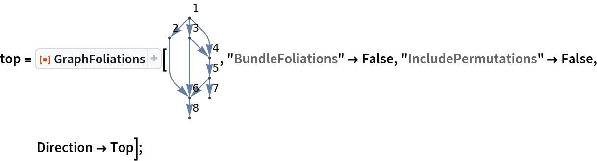 top = ResourceFunction["GraphFoliations"][\!\(\*
GraphicsBox[
NamespaceBox["NetworkGraphics",
DynamicModuleBox[{Typeset`graph = HoldComplete[
Graph[{1, 2, 3, 4, 5, 6, 7, 8}, {
SparseArray[
           Automatic, {8, 8}, 0, {1, {{0, 3, 4, 6, 7, 9, 10, 10, 10}, {{2}, {3}, {4}, {
              6}, {4}, {6}, {5}, {6}, {7}, {8}}}, Pattern}], Null}, {GraphLayout -> {"Dimension" -> 2}, VertexLabels -> {Automatic}}]]}, 
TagBox[GraphicsGroupBox[{
{Hue[0.6, 0.7, 0.5], Opacity[0.7], Arrowheads[Medium], ArrowBox[{{0., 5.}, {-1., 4.}}, 0.043048128342245986`], ArrowBox[{{0., 5.}, {0., 4.}}, 0.043048128342245986`], ArrowBox[BezierCurveBox[CompressedData["
1:eJxTTMoPSmViYGCQAWIQjQpEHGbympsuPrTC/snEqTurzgk7yK1fE3zr8C57
Z9+N0z5MEXao2jNT9Ozko/ayRsHTE4OFHTQ+TZ/gceycfb5D9e6znMIOPjUZ
Z9fXXLG3rtBkNt0h5PAkXUmqU+yWfdPN2LzpcUIO7+/aiEdIPLB3SpH4++WP
oIOsjXnrpNTH9jUSket9Jws6VPsxXP/86Zm9wTf51oWKgg4Rk0NF7W++sJ+h
1Dn55H0Bh3MtoT4hba/sKxa7+P+eJeDwSImhxvjXa/szFUE7zIIFHPpzQ5fc
MXlrP3XRpnPVHAIO11JCj/qbvbNf4XhKZWopv8NODob7Pf/e2Qs8v8zmdoXP
wSwy9OPk3vf2KaZNzly6fA5+YaF/Uh6/t1+ic/XWw3peB0i4fLA/ewYEeOD8
9DePvp6XRvB/JU40+lDC7cAI5bfo3mjSvcEFl2fx3/6s3RXBrz6mF/d/Dyec
/2qy3cvJdgg+WPkpDjh/jYG6lUgCgg+hORwAxiCqJQ==
"]], 0.043048128342245986`], ArrowBox[BezierCurveBox[CompressedData["
1:eJxTTMoPSmViYGBQBWIQDQEf9kNoAQcYP/j8jaOv5/PD+Rs9JCt2mfI7MEL5
EjkHxXIO8sHlWy0vLmRwRvD/bABp4IXz6y6p115SR/DZ5uWd5e/mgfNnCMty
GTzhhvONwQDBvwjSXssF5xfJHC+UOc4Jd4+wIAhwwuU3sEYDEQecH/Brif+v
Jexw/vt3IMAG5/c9tgAiBF/vRpPujSZWON8E7B5mB9+w0D8pj9/vj7uspSrX
wORgFhn6cXLv+/2zT9Xu+XqJ0WEXB8P9nn/v9n+Q0Pm5U5vR4VpK6FF/s3f7
I/aZ3s7qYnDoyw1dcsfk7f41paZHBe79t3+kxFBj/Ov1/ksy2+RUN/+zP98S
6hPS9mq/UtHbQ0JT/tpHTA4Vtb/5Yv/s0tsbbzb8sa/2Y7j++dOz/XbqDa8r
K3/by9iYt05Kfbyfb95sp5Obftq/v2sjHiHxYP/PvHncOjw/7J+lK0l1it3a
/3tmh9ui1m/2PjUZZ9fXXNkvLB/1WVv+q736p+kTPI6d2+/6T0jo5I3P9tV7
ZoqenXx0/wTzzYsqN32yl1u/JvjW4V37P52yWmq75qP9PF5z08WHVuzP3bFS
UvTYB3sGFPDBHgDzC+l0
"]], 0.043048128342245986`], ArrowBox[{{0., 4.}, {1., 3.}}, 0.043048128342245986`], ArrowBox[BezierCurveBox[CompressedData["
1:eJxTTMoPSmViYGBQBWIQjQoEHGCs4PM3jr6ezw/nb/SQrNhliuBL5BwUyznI
B+e3Wl5cyOCM4P/ZANLAC+fXXVKvvaSO4LPNyzvL380D588QluUyeMIN5xuD
AYJ/EaS9lgvOL5I5XihznBPOFxYEAQR/A2s0EHHA+QG/lvj/WsIO579/BwJs
cH7fYwsgQvD1bjTp3mhihfNNwO5hhvOvgN3DBOcXgt3DCOcLgd2D4G8Eu4cB
zl/wxXP+F8//9jD+vbsg8BfOlwUZV/gHzo8Be+g3nD9rJgj8hPPB0WX+A87/
fFgp9cHLb3A+O8j6DV8RfHD4f4Hzv/bE7vlX+RnOB0dX7Sc4H6x8ykc4PyLR
r0TjwAc4HwI+2AMAPjN8fg==
"]], 0.043048128342245986`], ArrowBox[{{1., 3.}, {1., 2.}}, 0.043048128342245986`], ArrowBox[{{1., 2.}, {0., 1.}}, 0.043048128342245986`], ArrowBox[{{1., 2.}, {1., 1.}}, 0.043048128342245986`], ArrowBox[{{0., 1.}, {0., 0.}}, 0.043048128342245986`]}, 
{Hue[0.6, 0.2, 0.8], EdgeForm[{GrayLevel[0], Opacity[
            0.7]}], {DiskBox[{0., 5.}, 0.043048128342245986], InsetBox["1", Offset[{2, 2}, {0.043048128342245986, 5.043048128342246}], ImageScaled[{0, 0}],
BaseStyle->"Graphics"]}, {DiskBox[{-1., 4.}, 0.043048128342245986], InsetBox["2", Offset[{2, 2}, {-0.956951871657754, 4.043048128342246}],
               ImageScaled[{0, 0}],
BaseStyle->"Graphics"]}, {DiskBox[{0., 4.}, 0.043048128342245986], InsetBox["3", Offset[{2, 2}, {0.043048128342245986, 4.043048128342246}], ImageScaled[{0, 0}],
BaseStyle->"Graphics"]}, {DiskBox[{1., 3.}, 0.043048128342245986], InsetBox["4", Offset[{2, 2}, {1.043048128342246, 3.043048128342246}], ImageScaled[{0, 0}],
BaseStyle->"Graphics"]}, {DiskBox[{1., 2.}, 0.043048128342245986], InsetBox["5", Offset[{2, 2}, {1.043048128342246, 2.043048128342246}], ImageScaled[{0, 0}],
BaseStyle->"Graphics"]}, {DiskBox[{0., 1.}, 0.043048128342245986], InsetBox["6", Offset[{2, 2}, {0.043048128342245986, 1.043048128342246}], ImageScaled[{0, 0}],
BaseStyle->"Graphics"]}, {DiskBox[{1., 1.}, 0.043048128342245986], InsetBox["7", Offset[{2, 2}, {1.043048128342246, 1.043048128342246}], ImageScaled[{0, 0}],
BaseStyle->"Graphics"]}, {DiskBox[{0., 0.}, 0.043048128342245986], InsetBox["8", Offset[{2, 2}, {0.043048128342245986, 0.043048128342245986}], ImageScaled[{0, 0}],
BaseStyle->"Graphics"]}}}],
MouseAppearanceTag["NetworkGraphics"]],
AllowKernelInitialization->False]],
DefaultBaseStyle->{"NetworkGraphics", FrontEnd`GraphicsHighlightColor -> Hue[0.8, 1., 0.6]},
FormatType->TraditionalForm,
FrameTicks->None]\), "BundleFoliations" -> False, "IncludePermutations" -> False, Direction -> Top];