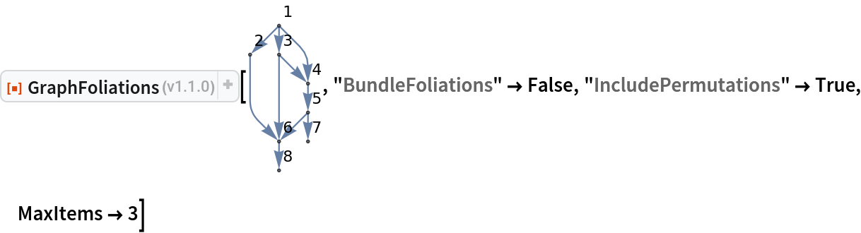 ResourceFunction["GraphFoliations"][\!\(\*
GraphicsBox[
NamespaceBox["NetworkGraphics",
DynamicModuleBox[{Typeset`graph = HoldComplete[
Graph[{1, 2, 3, 4, 5, 6, 7, 8}, {
SparseArray[
         Automatic, {8, 8}, 0, {1, {{0, 3, 4, 6, 7, 9, 10, 10, 10}, {{2}, {3}, {4}, {
            6}, {4}, {6}, {5}, {6}, {7}, {8}}}, Pattern}], Null}, {GraphLayout -> {"Dimension" -> 2}, VertexLabels -> {Automatic}}]]}, 
TagBox[GraphicsGroupBox[{
{Hue[0.6, 0.7, 0.5], Opacity[0.7], Arrowheads[Medium], ArrowBox[{{0., 5.}, {-1., 4.}}, 0.043048128342245986`], ArrowBox[{{0., 5.}, {0., 4.}}, 0.043048128342245986`], ArrowBox[BezierCurveBox[CompressedData["
1:eJxTTMoPSmViYGCQAWIQjQpEHGbympsuPrTC/snEqTurzgk7yK1fE3zr8C57
Z9+N0z5MEXao2jNT9Ozko/ayRsHTE4OFHTQ+TZ/gceycfb5D9e6znMIOPjUZ
Z9fXXLG3rtBkNt0h5PAkXUmqU+yWfdPN2LzpcUIO7+/aiEdIPLB3SpH4++WP
oIOsjXnrpNTH9jUSket9Jws6VPsxXP/86Zm9wTf51oWKgg4Rk0NF7W++sJ+h
1Dn55H0Bh3MtoT4hba/sKxa7+P+eJeDwSImhxvjXa/szFUE7zIIFHPpzQ5fc
MXlrP3XRpnPVHAIO11JCj/qbvbNf4XhKZWopv8NODob7Pf/e2Qs8v8zmdoXP
wSwy9OPk3vf2KaZNzly6fA5+YaF/Uh6/t1+ic/XWw3peB0i4fLA/ewYEeOD8
9DePvp6XRvB/JU40+lDC7cAI5bfo3mjSvcEFl2fx3/6s3RXBrz6mF/d/Dyec
/2qy3cvJdgg+WPkpDjh/jYG6lUgCgg+hORwAxiCqJQ==
"]], 0.043048128342245986`], ArrowBox[BezierCurveBox[CompressedData["
1:eJxTTMoPSmViYGBQBWIQDQEf9kNoAQcYP/j8jaOv5/PD+Rs9JCt2mfI7MEL5
EjkHxXIO8sHlWy0vLmRwRvD/bABp4IXz6y6p115SR/DZ5uWd5e/mgfNnCMty
GTzhhvONwQDBvwjSXssF5xfJHC+UOc4Jd4+wIAhwwuU3sEYDEQecH/Brif+v
Jexw/vt3IMAG5/c9tgAiBF/vRpPujSZWON8E7B5mB9+w0D8pj9/vj7uspSrX
wORgFhn6cXLv+/2zT9Xu+XqJ0WEXB8P9nn/v9n+Q0Pm5U5vR4VpK6FF/s3f7
I/aZ3s7qYnDoyw1dcsfk7f41paZHBe79t3+kxFBj/Ov1/ksy2+RUN/+zP98S
6hPS9mq/UtHbQ0JT/tpHTA4Vtb/5Yv/s0tsbbzb8sa/2Y7j++dOz/XbqDa8r
K3/by9iYt05Kfbyfb95sp5Obftq/v2sjHiHxYP/PvHncOjw/7J+lK0l1it3a
/3tmh9ui1m/2PjUZZ9fXXNkvLB/1WVv+q736p+kTPI6d2+/6T0jo5I3P9tV7
ZoqenXx0/wTzzYsqN32yl1u/JvjW4V37P52yWmq75qP9PF5z08WHVuzP3bFS
UvTYB3sGFPDBHgDzC+l0
"]], 0.043048128342245986`], ArrowBox[{{0., 4.}, {1., 3.}}, 0.043048128342245986`], ArrowBox[BezierCurveBox[CompressedData["
1:eJxTTMoPSmViYGBQBWIQjQoEHGCs4PM3jr6ezw/nb/SQrNhliuBL5BwUyznI
B+e3Wl5cyOCM4P/ZANLAC+fXXVKvvaSO4LPNyzvL380D588QluUyeMIN5xuD
AYJ/EaS9lgvOL5I5XihznBPOFxYEAQR/A2s0EHHA+QG/lvj/WsIO579/BwJs
cH7fYwsgQvD1bjTp3mhihfNNwO5hhvOvgN3DBOcXgt3DCOcLgd2D4G8Eu4cB
zl/wxXP+F8//9jD+vbsg8BfOlwUZV/gHzo8Be+g3nD9rJgj8hPPB0WX+A87/
fFgp9cHLb3A+O8j6DV8RfHD4f4Hzv/bE7vlX+RnOB0dX7Sc4H6x8ykc4PyLR
r0TjwAc4HwI+2AMAPjN8fg==
"]], 0.043048128342245986`], ArrowBox[{{1., 3.}, {1., 2.}}, 0.043048128342245986`], ArrowBox[{{1., 2.}, {0., 1.}}, 0.043048128342245986`], ArrowBox[{{1., 2.}, {1., 1.}}, 0.043048128342245986`], ArrowBox[{{0., 1.}, {0., 0.}}, 0.043048128342245986`]}, 
{Hue[0.6, 0.2, 0.8], EdgeForm[{GrayLevel[0], Opacity[
          0.7]}], {DiskBox[{0., 5.}, 0.043048128342245986], InsetBox["1", Offset[{2, 2}, {0.043048128342245986, 5.043048128342246}],
             ImageScaled[{0, 0}],
BaseStyle->"Graphics"]}, {DiskBox[{-1., 4.}, 0.043048128342245986], InsetBox["2", Offset[{2, 2}, {-0.956951871657754, 4.043048128342246}], ImageScaled[{0, 0}],
BaseStyle->"Graphics"]}, {DiskBox[{0., 4.}, 0.043048128342245986], InsetBox["3", Offset[{2, 2}, {0.043048128342245986, 4.043048128342246}],
             ImageScaled[{0, 0}],
BaseStyle->"Graphics"]}, {DiskBox[{1., 3.}, 0.043048128342245986], InsetBox["4", Offset[{2, 2}, {1.043048128342246, 3.043048128342246}], ImageScaled[{0, 0}],
BaseStyle->"Graphics"]}, {DiskBox[{1., 2.}, 0.043048128342245986], InsetBox["5", Offset[{2, 2}, {1.043048128342246, 2.043048128342246}], ImageScaled[{0, 0}],
BaseStyle->"Graphics"]}, {DiskBox[{0., 1.}, 0.043048128342245986], InsetBox["6", Offset[{2, 2}, {0.043048128342245986, 1.043048128342246}],
             ImageScaled[{0, 0}],
BaseStyle->"Graphics"]}, {DiskBox[{1., 1.}, 0.043048128342245986], InsetBox["7", Offset[{2, 2}, {1.043048128342246, 1.043048128342246}], ImageScaled[{0, 0}],
BaseStyle->"Graphics"]}, {DiskBox[{0., 0.}, 0.043048128342245986], InsetBox["8", Offset[{2, 2}, {0.043048128342245986, 0.043048128342245986}], ImageScaled[{0, 0}],
BaseStyle->"Graphics"]}}}],
MouseAppearanceTag["NetworkGraphics"]],
AllowKernelInitialization->False]],
DefaultBaseStyle->{"NetworkGraphics", FrontEnd`GraphicsHighlightColor -> Hue[0.8, 1., 0.6]},
FormatType->TraditionalForm,
FrameTicks->None]\), "BundleFoliations" -> False, "IncludePermutations" -> True, MaxItems -> 3]