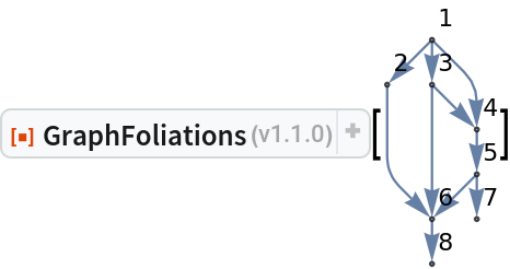 ResourceFunction["GraphFoliations"][\!\(\*
GraphicsBox[
NamespaceBox["NetworkGraphics",
DynamicModuleBox[{Typeset`graph = HoldComplete[
Graph[{1, 2, 3, 4, 5, 6, 7, 8}, {
SparseArray[
         Automatic, {8, 8}, 0, {1, {{0, 3, 4, 6, 7, 9, 10, 10, 10}, {{2}, {3}, {4}, {
            6}, {4}, {6}, {5}, {6}, {7}, {8}}}, Pattern}], Null}, {GraphLayout -> {"Dimension" -> 2}, VertexLabels -> {Automatic}}]]}, 
TagBox[GraphicsGroupBox[{
{Hue[0.6, 0.7, 0.5], Opacity[0.7], Arrowheads[Medium], ArrowBox[{{0., 5.}, {-1., 4.}}, 0.043048128342245986`], ArrowBox[{{0., 5.}, {0., 4.}}, 0.043048128342245986`], ArrowBox[BezierCurveBox[CompressedData["
1:eJxTTMoPSmViYGCQAWIQjQpEHGbympsuPrTC/snEqTurzgk7yK1fE3zr8C57
Z9+N0z5MEXao2jNT9Ozko/ayRsHTE4OFHTQ+TZ/gceycfb5D9e6znMIOPjUZ
Z9fXXLG3rtBkNt0h5PAkXUmqU+yWfdPN2LzpcUIO7+/aiEdIPLB3SpH4++WP
oIOsjXnrpNTH9jUSket9Jws6VPsxXP/86Zm9wTf51oWKgg4Rk0NF7W++sJ+h
1Dn55H0Bh3MtoT4hba/sKxa7+P+eJeDwSImhxvjXa/szFUE7zIIFHPpzQ5fc
MXlrP3XRpnPVHAIO11JCj/qbvbNf4XhKZWopv8NODob7Pf/e2Qs8v8zmdoXP
wSwy9OPk3vf2KaZNzly6fA5+YaF/Uh6/t1+ic/XWw3peB0i4fLA/ewYEeOD8
9DePvp6XRvB/JU40+lDC7cAI5bfo3mjSvcEFl2fx3/6s3RXBrz6mF/d/Dyec
/2qy3cvJdgg+WPkpDjh/jYG6lUgCgg+hORwAxiCqJQ==
"]], 0.043048128342245986`], ArrowBox[BezierCurveBox[CompressedData["
1:eJxTTMoPSmViYGBQBWIQDQEf9kNoAQcYP/j8jaOv5/PD+Rs9JCt2mfI7MEL5
EjkHxXIO8sHlWy0vLmRwRvD/bABp4IXz6y6p115SR/DZ5uWd5e/mgfNnCMty
GTzhhvONwQDBvwjSXssF5xfJHC+UOc4Jd4+wIAhwwuU3sEYDEQecH/Brif+v
Jexw/vt3IMAG5/c9tgAiBF/vRpPujSZWON8E7B5mB9+w0D8pj9/vj7uspSrX
wORgFhn6cXLv+/2zT9Xu+XqJ0WEXB8P9nn/v9n+Q0Pm5U5vR4VpK6FF/s3f7
I/aZ3s7qYnDoyw1dcsfk7f41paZHBe79t3+kxFBj/Ov1/ksy2+RUN/+zP98S
6hPS9mq/UtHbQ0JT/tpHTA4Vtb/5Yv/s0tsbbzb8sa/2Y7j++dOz/XbqDa8r
K3/by9iYt05Kfbyfb95sp5Obftq/v2sjHiHxYP/PvHncOjw/7J+lK0l1it3a
/3tmh9ui1m/2PjUZZ9fXXNkvLB/1WVv+q736p+kTPI6d2+/6T0jo5I3P9tV7
ZoqenXx0/wTzzYsqN32yl1u/JvjW4V37P52yWmq75qP9PF5z08WHVuzP3bFS
UvTYB3sGFPDBHgDzC+l0
"]], 0.043048128342245986`], ArrowBox[{{0., 4.}, {1., 3.}}, 0.043048128342245986`], ArrowBox[BezierCurveBox[CompressedData["
1:eJxTTMoPSmViYGBQBWIQjQoEHGCs4PM3jr6ezw/nb/SQrNhliuBL5BwUyznI
B+e3Wl5cyOCM4P/ZANLAC+fXXVKvvaSO4LPNyzvL380D588QluUyeMIN5xuD
AYJ/EaS9lgvOL5I5XihznBPOFxYEAQR/A2s0EHHA+QG/lvj/WsIO579/BwJs
cH7fYwsgQvD1bjTp3mhihfNNwO5hhvOvgN3DBOcXgt3DCOcLgd2D4G8Eu4cB
zl/wxXP+F8//9jD+vbsg8BfOlwUZV/gHzo8Be+g3nD9rJgj8hPPB0WX+A87/
fFgp9cHLb3A+O8j6DV8RfHD4f4Hzv/bE7vlX+RnOB0dX7Sc4H6x8ykc4PyLR
r0TjwAc4HwI+2AMAPjN8fg==
"]], 0.043048128342245986`], ArrowBox[{{1., 3.}, {1., 2.}}, 0.043048128342245986`], ArrowBox[{{1., 2.}, {0., 1.}}, 0.043048128342245986`], ArrowBox[{{1., 2.}, {1., 1.}}, 0.043048128342245986`], ArrowBox[{{0., 1.}, {0., 0.}}, 0.043048128342245986`]}, 
{Hue[0.6, 0.2, 0.8], EdgeForm[{GrayLevel[0], Opacity[
          0.7]}], {DiskBox[{0., 5.}, 0.043048128342245986], InsetBox["1", Offset[{2, 2}, {0.043048128342245986, 5.043048128342246}],
             ImageScaled[{0, 0}],
BaseStyle->"Graphics"]}, {DiskBox[{-1., 4.}, 0.043048128342245986], InsetBox["2", Offset[{2, 2}, {-0.956951871657754, 4.043048128342246}], ImageScaled[{0, 0}],
BaseStyle->"Graphics"]}, {DiskBox[{0., 4.}, 0.043048128342245986], InsetBox["3", Offset[{2, 2}, {0.043048128342245986, 4.043048128342246}],
             ImageScaled[{0, 0}],
BaseStyle->"Graphics"]}, {DiskBox[{1., 3.}, 0.043048128342245986], InsetBox["4", Offset[{2, 2}, {1.043048128342246, 3.043048128342246}], ImageScaled[{0, 0}],
BaseStyle->"Graphics"]}, {DiskBox[{1., 2.}, 0.043048128342245986], InsetBox["5", Offset[{2, 2}, {1.043048128342246, 2.043048128342246}], ImageScaled[{0, 0}],
BaseStyle->"Graphics"]}, {DiskBox[{0., 1.}, 0.043048128342245986], InsetBox["6", Offset[{2, 2}, {0.043048128342245986, 1.043048128342246}],
             ImageScaled[{0, 0}],
BaseStyle->"Graphics"]}, {DiskBox[{1., 1.}, 0.043048128342245986], InsetBox["7", Offset[{2, 2}, {1.043048128342246, 1.043048128342246}], ImageScaled[{0, 0}],
BaseStyle->"Graphics"]}, {DiskBox[{0., 0.}, 0.043048128342245986], InsetBox["8", Offset[{2, 2}, {0.043048128342245986, 0.043048128342245986}], ImageScaled[{0, 0}],
BaseStyle->"Graphics"]}}}],
MouseAppearanceTag["NetworkGraphics"]],
AllowKernelInitialization->False]],
DefaultBaseStyle->{"NetworkGraphics", FrontEnd`GraphicsHighlightColor -> Hue[0.8, 1., 0.6]},
FormatType->TraditionalForm,
FrameTicks->None]\)]
