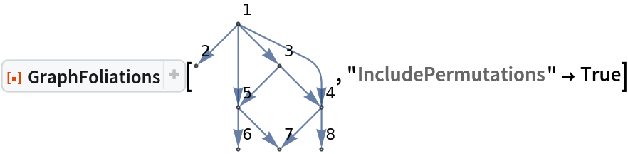 ResourceFunction["GraphFoliations"][\!\(\*
GraphicsBox[
NamespaceBox["NetworkGraphics",
DynamicModuleBox[{Typeset`graph = HoldComplete[
Graph[{1, 2, 3, 4, 5, 6, 7, 8}, {
SparseArray[
         Automatic, {8, 8}, 0, {1, {{0, 4, 4, 6, 8, 10, 10, 10, 10}, {{2}, {3}, {4}, {
            5}, {4}, {5}, {7}, {8}, {6}, {7}}}, Pattern}], Null}, {GraphLayout -> {"Dimension" -> 2}, VertexLabels -> {Automatic}}]]}, 
TagBox[GraphicsGroupBox[{
{Hue[0.6, 0.7, 0.5], Opacity[0.7], Arrowheads[Medium], ArrowBox[{{0., 3.}, {-1., 2.}}, 0.030239520958083826`], ArrowBox[{{0., 3.}, {1., 2.}}, 0.030239520958083826`], ArrowBox[BezierCurveBox[CompressedData["
1:eJxTTMoPSmViYGCQAWIQjQo4HNRucey7nbXTfvod9okhs9gdLD0CUr1Fztjv
r726JFae3WHniUJPH77r9qWPM6yl+9kc9Ce9j5y6+YH9bt5DIb0vWR3apX9U
JHQ9s+//8+DDZj1Wh6SGS43t3G/tv6w/yt8fx+KQmGBv1Sr9yf6FesFGuUpm
h+C8uhUlbN/sc1IeXE2qY3LgyFrGPcntl31dqlhtdB6jQ9/RORaKVb/tl1U4
zIsSZ3RwYo/Ib+z8Yx+87ESo9lYGByX9G+s3lfy173i3bvFZdwYHHVvZX1us
/9m3LnrG3zzvv32Kobpfx71/9hxztVn5pv+zP8H9bbVO7H/7WWd01G0q/9pH
nOkUXrT9v7254atSXtc/9mLFj1pevP1v/+hU8sfGX7/soQHjMGsmCPyE88/f
OPp6vvkPOP/zYaXUBy+/2TNC+ezRG1ijN3yFy7PPyzvL3/0Fzv/aE7vnX+Vn
OP+Sei0QfYLzwcqnfITzIxL9SjQOfIDzIdQHewBZbqr0
"]], 0.030239520958083826`], ArrowBox[BezierCurveBox[CompressedData["
1:eJxTTMoPSmViYGCQAWIQjQo4HGCskPM3jr6ezw7nb/KQrNhliuCL5xwUyznI
Bue3WV5cyOCM4P/dANLACufXXVKvvaSO4HPMyzvL380C588UluUyeMIM55sY
gwCCfwWkvZYJzi+UOQ5EjHC+kCAIIPgbWaM3sEYzwPkLvnjO/+L53x7Gv3cX
BP7C+bIg4wr/wPkxG0AG/IbzZ80EgZ9wPjh4zH/A+Z8PK6U+ePkNzmcHWb/h
K4IP9u8XOP9rT+yef5Wf4Xxw8NR+gvPByqd8hPMjEv1KNA58gPMh4IM9AIO9
YI0=
"]], 0.030239520958083826`], ArrowBox[{{1., 2.}, {2., 1.}}, 0.030239520958083826`], ArrowBox[{{1., 2.}, {0., 1.}}, 0.030239520958083826`], ArrowBox[{{2., 1.}, {1., 0.}}, 0.030239520958083826`], ArrowBox[{{2., 1.}, {2., 0.}}, 0.030239520958083826`], ArrowBox[{{0., 1.}, {0., 0.}}, 0.030239520958083826`], ArrowBox[{{0., 1.}, {1., 0.}}, 0.030239520958083826`]}, 
{Hue[0.6, 0.2, 0.8], EdgeForm[{GrayLevel[0], Opacity[
          0.7]}], {DiskBox[{0., 3.}, 0.030239520958083826], InsetBox["1", Offset[{2, 2}, {0.030239520958083826, 3.0302395209580837}], ImageScaled[{0, 0}],
BaseStyle->"Graphics"]}, {DiskBox[{-1., 2.}, 0.030239520958083826], InsetBox["2", Offset[{2, 2}, {-0.9697604790419162, 2.0302395209580837}],
             ImageScaled[{0, 0}],
BaseStyle->"Graphics"]}, {DiskBox[{1., 2.}, 0.030239520958083826], InsetBox["3", Offset[{2, 2}, {1.030239520958084, 2.0302395209580837}], ImageScaled[{0, 0}],
BaseStyle->"Graphics"]}, {DiskBox[{2., 1.}, 0.030239520958083826], InsetBox["4", Offset[{2, 2}, {2.0302395209580837, 1.030239520958084}], ImageScaled[{0, 0}],
BaseStyle->"Graphics"]}, {DiskBox[{0., 1.}, 0.030239520958083826], InsetBox["5", Offset[{2, 2}, {0.030239520958083826, 1.030239520958084}],
             ImageScaled[{0, 0}],
BaseStyle->"Graphics"]}, {DiskBox[{0., 0.}, 0.030239520958083826], InsetBox["6", Offset[{2, 2}, {0.030239520958083826, 0.030239520958083826}], ImageScaled[{0, 0}],
BaseStyle->"Graphics"]}, {DiskBox[{1., 0.}, 0.030239520958083826], InsetBox["7", Offset[{2, 2}, {1.030239520958084, 0.030239520958083826}],
             ImageScaled[{0, 0}],
BaseStyle->"Graphics"]}, {DiskBox[{2., 0.}, 0.030239520958083826], InsetBox["8", Offset[{2, 2}, {2.0302395209580837, 0.030239520958083826}], ImageScaled[{0, 0}],
BaseStyle->"Graphics"]}}}],
MouseAppearanceTag["NetworkGraphics"]],
AllowKernelInitialization->False]],
DefaultBaseStyle->{"NetworkGraphics", FrontEnd`GraphicsHighlightColor -> Hue[0.8, 1., 0.6]},
FormatType->TraditionalForm,
FrameTicks->None]\), "IncludePermutations" -> True]