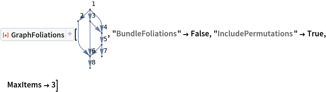 ResourceFunction["GraphFoliations"][\!\(\*
GraphicsBox[
NamespaceBox["NetworkGraphics",
DynamicModuleBox[{Typeset`graph = HoldComplete[
Graph[{1, 2, 3, 4, 5, 6, 7, 8}, {
SparseArray[
         Automatic, {8, 8}, 0, {1, {{0, 3, 4, 6, 7, 9, 10, 10, 10}, {{2}, {3}, {4}, {
            6}, {4}, {6}, {5}, {6}, {7}, {8}}}, Pattern}], Null}, {GraphLayout -> {"Dimension" -> 2}, VertexLabels -> {Automatic}}]]}, 
TagBox[GraphicsGroupBox[{
{Hue[0.6, 0.7, 0.5], Opacity[0.7], Arrowheads[Medium], ArrowBox[{{0., 5.}, {-1., 4.}}, 0.043048128342245986`], ArrowBox[{{0., 5.}, {0., 4.}}, 0.043048128342245986`], ArrowBox[BezierCurveBox[CompressedData["
1:eJxTTMoPSmViYGCQAWIQjQpEHGbympsuPrTC/snEqTurzgk7yK1fE3zr8C57
Z9+N0z5MEXao2jNT9Ozko/ayRsHTE4OFHTQ+TZ/gceycfb5D9e6znMIOPjUZ
Z9fXXLG3rtBkNt0h5PAkXUmqU+yWfdPN2LzpcUIO7+/aiEdIPLB3SpH4++WP
oIOsjXnrpNTH9jUSket9Jws6VPsxXP/86Zm9wTf51oWKgg4Rk0NF7W++sJ+h
1Dn55H0Bh3MtoT4hba/sKxa7+P+eJeDwSImhxvjXa/szFUE7zIIFHPpzQ5fc
MXlrP3XRpnPVHAIO11JCj/qbvbNf4XhKZWopv8NODob7Pf/e2Qs8v8zmdoXP
wSwy9OPk3vf2KaZNzly6fA5+YaF/Uh6/t1+ic/XWw3peB0i4fLA/ewYEeOD8
9DePvp6XRvB/JU40+lDC7cAI5bfo3mjSvcEFl2fx3/6s3RXBrz6mF/d/Dyec
/2qy3cvJdgg+WPkpDjh/jYG6lUgCgg+hORwAxiCqJQ==
"]], 0.043048128342245986`], ArrowBox[BezierCurveBox[CompressedData["
1:eJxTTMoPSmViYGBQBWIQDQEf9kNoAQcYP/j8jaOv5/PD+Rs9JCt2mfI7MEL5
EjkHxXIO8sHlWy0vLmRwRvD/bABp4IXz6y6p115SR/DZ5uWd5e/mgfNnCMty
GTzhhvONwQDBvwjSXssF5xfJHC+UOc4Jd4+wIAhwwuU3sEYDEQecH/Brif+v
Jexw/vt3IMAG5/c9tgAiBF/vRpPujSZWON8E7B5mB9+w0D8pj9/vj7uspSrX
wORgFhn6cXLv+/2zT9Xu+XqJ0WEXB8P9nn/v9n+Q0Pm5U5vR4VpK6FF/s3f7
I/aZ3s7qYnDoyw1dcsfk7f41paZHBe79t3+kxFBj/Ov1/ksy2+RUN/+zP98S
6hPS9mq/UtHbQ0JT/tpHTA4Vtb/5Yv/s0tsbbzb8sa/2Y7j++dOz/XbqDa8r
K3/by9iYt05Kfbyfb95sp5Obftq/v2sjHiHxYP/PvHncOjw/7J+lK0l1it3a
/3tmh9ui1m/2PjUZZ9fXXNkvLB/1WVv+q736p+kTPI6d2+/6T0jo5I3P9tV7
ZoqenXx0/wTzzYsqN32yl1u/JvjW4V37P52yWmq75qP9PF5z08WHVuzP3bFS
UvTYB3sGFPDBHgDzC+l0
"]], 0.043048128342245986`], ArrowBox[{{0., 4.}, {1., 3.}}, 0.043048128342245986`], ArrowBox[BezierCurveBox[CompressedData["
1:eJxTTMoPSmViYGBQBWIQjQoEHGCs4PM3jr6ezw/nb/SQrNhliuBL5BwUyznI
B+e3Wl5cyOCM4P/ZANLAC+fXXVKvvaSO4LPNyzvL380D588QluUyeMIN5xuD
AYJ/EaS9lgvOL5I5XihznBPOFxYEAQR/A2s0EHHA+QG/lvj/WsIO579/BwJs
cH7fYwsgQvD1bjTp3mhihfNNwO5hhvOvgN3DBOcXgt3DCOcLgd2D4G8Eu4cB
zl/wxXP+F8//9jD+vbsg8BfOlwUZV/gHzo8Be+g3nD9rJgj8hPPB0WX+A87/
fFgp9cHLb3A+O8j6DV8RfHD4f4Hzv/bE7vlX+RnOB0dX7Sc4H6x8ykc4PyLR
r0TjwAc4HwI+2AMAPjN8fg==
"]], 0.043048128342245986`], ArrowBox[{{1., 3.}, {1., 2.}}, 0.043048128342245986`], ArrowBox[{{1., 2.}, {0., 1.}}, 0.043048128342245986`], ArrowBox[{{1., 2.}, {1., 1.}}, 0.043048128342245986`], ArrowBox[{{0., 1.}, {0., 0.}}, 0.043048128342245986`]}, 
{Hue[0.6, 0.2, 0.8], EdgeForm[{GrayLevel[0], Opacity[
          0.7]}], {DiskBox[{0., 5.}, 0.043048128342245986], InsetBox["1", Offset[{2, 2}, {0.043048128342245986, 5.043048128342246}],
             ImageScaled[{0, 0}],
BaseStyle->"Graphics"]}, {DiskBox[{-1., 4.}, 0.043048128342245986], InsetBox["2", Offset[{2, 2}, {-0.956951871657754, 4.043048128342246}], ImageScaled[{0, 0}],
BaseStyle->"Graphics"]}, {DiskBox[{0., 4.}, 0.043048128342245986], InsetBox["3", Offset[{2, 2}, {0.043048128342245986, 4.043048128342246}],
             ImageScaled[{0, 0}],
BaseStyle->"Graphics"]}, {DiskBox[{1., 3.}, 0.043048128342245986], InsetBox["4", Offset[{2, 2}, {1.043048128342246, 3.043048128342246}], ImageScaled[{0, 0}],
BaseStyle->"Graphics"]}, {DiskBox[{1., 2.}, 0.043048128342245986], InsetBox["5", Offset[{2, 2}, {1.043048128342246, 2.043048128342246}], ImageScaled[{0, 0}],
BaseStyle->"Graphics"]}, {DiskBox[{0., 1.}, 0.043048128342245986], InsetBox["6", Offset[{2, 2}, {0.043048128342245986, 1.043048128342246}],
             ImageScaled[{0, 0}],
BaseStyle->"Graphics"]}, {DiskBox[{1., 1.}, 0.043048128342245986], InsetBox["7", Offset[{2, 2}, {1.043048128342246, 1.043048128342246}], ImageScaled[{0, 0}],
BaseStyle->"Graphics"]}, {DiskBox[{0., 0.}, 0.043048128342245986], InsetBox["8", Offset[{2, 2}, {0.043048128342245986, 0.043048128342245986}], ImageScaled[{0, 0}],
BaseStyle->"Graphics"]}}}],
MouseAppearanceTag["NetworkGraphics"]],
AllowKernelInitialization->False]],
DefaultBaseStyle->{"NetworkGraphics", FrontEnd`GraphicsHighlightColor -> Hue[0.8, 1., 0.6]},
FormatType->TraditionalForm,
FrameTicks->None]\), "BundleFoliations" -> False, "IncludePermutations" -> True, MaxItems -> 3]