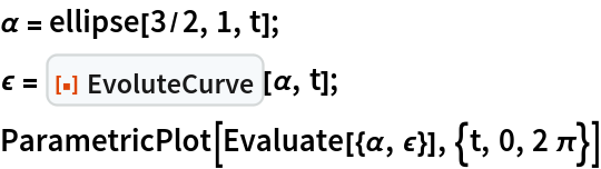 \[Alpha] = ellipse[3/2, 1, t];
\[Epsilon] = ResourceFunction["EvoluteCurve"][\[Alpha], t];
ParametricPlot[Evaluate[{\[Alpha], \[Epsilon]}], {t, 0, 2 \[Pi]}]