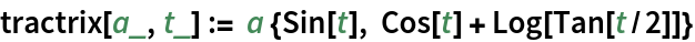 tractrix[a_, t_] := a {Sin[t], Cos[t] + Log[Tan[t/2]]}