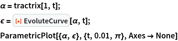 \[Alpha] = tractrix[1, t];
\[Epsilon] = ResourceFunction["EvoluteCurve"][\[Alpha], t];
ParametricPlot[{\[Alpha], \[Epsilon]}, {t, 0.01, \[Pi]}, Axes -> None]