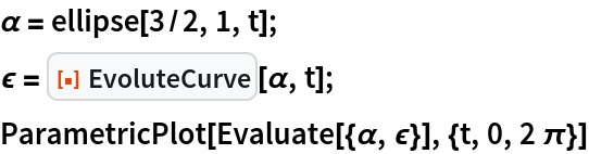 \[Alpha] = ellipse[3/2, 1, t];
\[Epsilon] = ResourceFunction["EvoluteCurve"][\[Alpha], t];
ParametricPlot[Evaluate[{\[Alpha], \[Epsilon]}], {t, 0, 2 \[Pi]}]