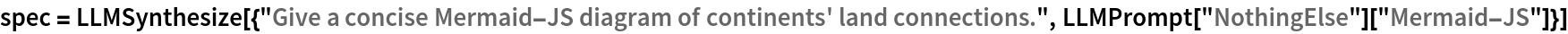 spec = LLMSynthesize[{"Give a concise Mermaid-JS diagram of continents' land connections.", LLMPrompt["NothingElse"]["Mermaid-JS"]}]