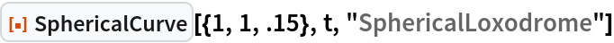 ResourceFunction[
 "SphericalCurve"][{1, 1, .15}, t, "SphericalLoxodrome"]