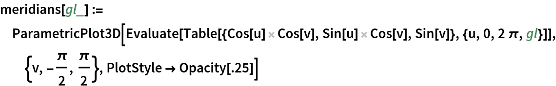 meridians[gl_] := ParametricPlot3D[
  Evaluate[Table[{Cos[u] Cos[v], Sin[u] Cos[v], Sin[v]}, {u, 0, 2 \[Pi], gl}]], {v, -(\[Pi]/2), \[Pi]/2}, PlotStyle -> Opacity[.25]]