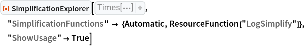 ResourceFunction[
 "SimplificationExplorer"][(1/1296) (
  19 (-8 + 3 Sqrt[3]) Log[3] + 8 Log[7 - 4 Sqrt[3]] + 360 Sqrt[3] Log[
    4 - 2 Sqrt[3]] + 12 Log[2 - Sqrt[3]] - 780 Sqrt[3]
    Log[-1 + Sqrt[3]] + 308 Log[
    2 + Sqrt[3]] + 304 Log[-3 + 2 Sqrt[3]] + 6 Sqrt[3] (
    8 + 5 Log[-6 + 4 Sqrt[3]])), "SimplificationFunctions" -> {Automatic, ResourceFunction["LogSimplify"]}, "ShowUsage" -> True]