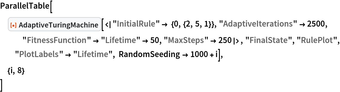 ParallelTable[
 ResourceFunction[
  "AdaptiveTuringMachine"][<|"InitialRule" -> {0, {2, 5, 1}}, "AdaptiveIterations" -> 2500, "FitnessFunction" -> "Lifetime" -> 50, "MaxSteps" -> 250|>, "FinalState", "RulePlot", "PlotLabels" -> "Lifetime", RandomSeeding -> 1000 + i],
 {i, 8}
 ]