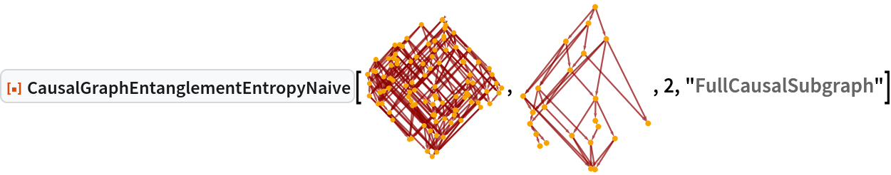ResourceFunction["CausalGraphEntanglementEntropyNaive"][\!\(\*
GraphicsBox[
NamespaceBox["NetworkGraphics",
DynamicModuleBox[{Typeset`graph = HoldComplete[
Graph[CompressedData["
1:eJwVk/0/FIYfwFHKHEqtm+eSqfVwJs9P+ZjHZb7n6ZbHkCLTN5QXzSTRQrqU
ua+HnHE2zlPOnTjOnQ/3QM7TuSSKMrvWPLSaZWOT1veH9+v9D7zfxtGJATEq
SkpKp9/zf3913mv1dY8IJ1cTl0I8e6FuPDPMSNEPem6sXYKtWcAqetjZqtwP
Qsxm+mS2YspK/mJnTiMkJE55km3uoct12eO9oQ3wyfZnBhFecgjeaR4l/KwP
zD0vPh8W14KL98AfKQQa7L5pObOon4Vku1lDBk+IW99Qrk00cGHmjFxfuq0P
/VUPbd79uA14xczILZqDYGnopmbD7ATX3caFGm5CeHN0hRNG5UFK99W/f8/K
QsYPxb/0qvdDSaZvriutHw94PX33likAx7w3dYWFffj6omL0BK0CsrcH5STY
tyGRnWuviB5Bs+MFRi94o2DzuXvypv4KND8Y+1bPl4sE30pdeU8Vdjjzh2bE
bVhNHM955spBOiVUsFQ8jErUnfm7Qtvwb6u1a6nmEiBv7JkJ+IKJsYv+x/z2
50JsSJRQd6kH53bR4jheveAyY29apydGz572rF6HH/GNq0p8+roMUk3GX2lm
IHofp47yKiVw+UhecJCyBIrpHPodMRU2h6QSy3X68Vtl64rG7Yj7dM6Zm9Xz
4M+V9OBsQi9+v6+mpUZ9HJ490dAo76Si01ffj5rajOEUxOfItOuRHnZbURMh
hvmxIzYJMdV4ZeeAvr62BJdby4xEF2lA4y6azCTx4bKBhc+giwRomYs1Qq0M
2P+ByDptHuEoPSX551YZJFpoxHn8pw2PfZP9u0WJELfUt6eT+V0QTGplnVrg
Q97p0yrhA3y8vS2cf2taChdIGpdwpRWTruufmZgbQVk4wTbt5l0Iii4TVCyX
QtZP4/N/csV4hZ1ilf+wC95tMr7md5KP54XZjVSHZjB77tPt6T8IEccTmoiS
YizNtn7nM8/BzuRL0ghSC1hWGvrPjY2CYvSlc0EcG2YTWu6vN4ng19axSKZz
O+qEm2q1ub7vI6E+T7DrHiq51510q+JirKKbPd4ygv6xtwtC6/kwUvSpWm33
HUjfYbbpp4Ih/K5S8LT6YRMsQ/WJR7eG8UcvVZcmRhm2qRG9izJqgBs7on3Q
YxAvRWgQMx3acMugR8XmmCGMrixx5fowsKH/15Vpggw70mZ8X6SxYPVm1z8U
pMMaNNox/pIjx/twSGiUFCOdKLpuzxmQGkk58h3zBwgvMToonegA1Z/ldDJI
8GGVZor7oAgVufMPjhmyMcWQTC1waMc01X75/5q70K9ci3uYlYQ77s/9Zq3L
BbJUYOASJ0HlE+Q2z5BMqPPSbLZ0HMeKyQXHDa8H4EFRJdJSq5G69ex0ckUH
frEqtfvAqBFHmleaQ1+K8Y+w/I5gnW5YKpxYc9L+EvU/1hrTInOAbS+5MTDF
wo9fXs/55ybCEzHzpEJUhZvcE2xaWrmQX26Wd47DxaKA/y7f6hrBUjuZokD6
vmP6hsNHT0Tw6ZXALJJ6EaxHyqZH9HoxIPBopB1VBgeolevuyRw4f+DUnh0B
ReAneTRkVSOC2W9s68vUOBj4qjo9ea4EczYOPtjfyYfth0zYC3slcNbCL+Zu
Hg9XCEwew1oK668e77H8kA1vNQjM+Ecy+Hy5xTPwozKYT5wuDGm/iy2UsqRX
n/Eg4YJqHPHkMCgdjg/P8jSA15kmxNXXA2jAmM2+OCiEYfbQmcTETqAs7M0w
CunFUp9oNQW7D5zWHV1C+e//+GvfRDG/AQOczQMC+ljwjptbcU5XhAZRD8wU
pUXgLphlnfCuw7PV8Ycab8hh7UJrsX/v11Cb4R6jlt6PqzRDUppKAT6dnCbw
KGOw8Mta7pertXAbfaZ8PymCLSbxUbPj92FS3UqnZ9sNrLK9k3JXIMcGQVyw
GnsMe7oF4RblTNhj6l2Uv3wP87QDnXysvgXSh+vPSQQxMlQSFA3xfSBOYhy6
4ZwDIlJi9Jp6O1JXjPy1HIegaeHZCx9yJ9qasC7xw+hIMBiuJaz3YW8H7wnb
XwRWk2kHPAab0I96VS9+bzOor0+uGCtL4fG5JQKL1Ai2QRsU2Wk5uGjOkE+Z
juH+y+qmSqmpYD/VQNscJEXDOWNSPJWO/wLmFzal
"], {
SparseArray[Automatic, {100, 100}, 0, {1, {CompressedData["
1:eJwt0L8rxHEAgOGvcuVX3XAldadOyXAKUVcuXZSSRblFyaWIwXAki5LSTTdY
LDZdBlcWk4nFIFJSyiLdIIPFwKYbeOo+bz3/wNu3slkotURRtBY1i9FOJ3ES
dJMkzQAZBhlmlGyQY4I8k0wzwyxzzLPAIksUWWaVdTYoBVtss8Mue+xzQJkK
hxxxzAlVTjmjxjkXwSVXXHPDLXfBPQ888sQzL8Erb9R554NPvvjmh18a/NFq
ZhsddBEnQQ8peknTT4YhRhgjyzg58kzxD6YDLiw=
"], CompressedData["
1:eJwdj1lTglAAhXFJ3MEIRiVATMRMGzavIoLhQuJUNOCGjGLqe///LXLmPH5n
Y8+/7jkOQZAZg6BIUJJ4elvRdY4nRjhpeUXq4yuerCQbrfaqSDFaUGT6mu2l
0Mf1N6sMJplmoIw31zon+vz4VUXURKPl8bMQ6PlCubOLdaUoy3JDRPWFkYGo
D87xFPFwzrBpzQzSfYIkjoKyuVwF0SFIzPjBrSxTe17uUujAhBlFCwRx5oRF
psn3+nvgAx0uVe0qJoObixJEJYor0Zztzm5kCa9aol+/H6YzF8llpq6kBXA2
N9wiPL1l5cG0Pf5vL5TNySn/0p0famxnOn9fAj+FtlexQlfqNfiWJ4jkJyca
mOyECZR8XMcri42uXK5R+eEG7fGR5QEdAX70ONdZ3GGUDKJZf1lFQCA=
"]}, Pattern}], Null}, {EdgeStyle -> {
Hue[0, 1, 0.56]}, VertexStyle -> {
Directive[
Hue[0.11, 1, 0.97], 
EdgeForm[{
Hue[0.11, 1, 0.97], 
Opacity[1]}]]}, VertexCoordinates -> CompressedData["
1:eJwVk/0/FIYfwFHKHEqtm+eSqfVwJs9P+ZjHZb7n6ZbHkCLTN5QXzSTRQrqU
ua+HnHE2zlPOnTjOnQ/3QM7TuSSKMrvWPLSaZWOT1veH9+v9D7zfxtGJATEq
SkpKp9/zf3913mv1dY8IJ1cTl0I8e6FuPDPMSNEPem6sXYKtWcAqetjZqtwP
Qsxm+mS2YspK/mJnTiMkJE55km3uoct12eO9oQ3wyfZnBhFecgjeaR4l/KwP
zD0vPh8W14KL98AfKQQa7L5pObOon4Vku1lDBk+IW99Qrk00cGHmjFxfuq0P
/VUPbd79uA14xczILZqDYGnopmbD7ATX3caFGm5CeHN0hRNG5UFK99W/f8/K
QsYPxb/0qvdDSaZvriutHw94PX33likAx7w3dYWFffj6omL0BK0CsrcH5STY
tyGRnWuviB5Bs+MFRi94o2DzuXvypv4KND8Y+1bPl4sE30pdeU8Vdjjzh2bE
bVhNHM955spBOiVUsFQ8jErUnfm7Qtvwb6u1a6nmEiBv7JkJ+IKJsYv+x/z2
50JsSJRQd6kH53bR4jheveAyY29apydGz572rF6HH/GNq0p8+roMUk3GX2lm
IHofp47yKiVw+UhecJCyBIrpHPodMRU2h6QSy3X68Vtl64rG7Yj7dM6Zm9Xz
4M+V9OBsQi9+v6+mpUZ9HJ490dAo76Si01ffj5rajOEUxOfItOuRHnZbURMh
hvmxIzYJMdV4ZeeAvr62BJdby4xEF2lA4y6azCTx4bKBhc+giwRomYs1Qq0M
2P+ByDptHuEoPSX551YZJFpoxHn8pw2PfZP9u0WJELfUt6eT+V0QTGplnVrg
Q97p0yrhA3y8vS2cf2taChdIGpdwpRWTruufmZgbQVk4wTbt5l0Iii4TVCyX
QtZP4/N/csV4hZ1ilf+wC95tMr7md5KP54XZjVSHZjB77tPt6T8IEccTmoiS
YizNtn7nM8/BzuRL0ghSC1hWGvrPjY2CYvSlc0EcG2YTWu6vN4ng19axSKZz
O+qEm2q1ub7vI6E+T7DrHiq51510q+JirKKbPd4ygv6xtwtC6/kwUvSpWm33
HUjfYbbpp4Ih/K5S8LT6YRMsQ/WJR7eG8UcvVZcmRhm2qRG9izJqgBs7on3Q
YxAvRWgQMx3acMugR8XmmCGMrixx5fowsKH/15Vpggw70mZ8X6SxYPVm1z8U
pMMaNNox/pIjx/twSGiUFCOdKLpuzxmQGkk58h3zBwgvMToonegA1Z/ldDJI
8GGVZor7oAgVufMPjhmyMcWQTC1waMc01X75/5q70K9ci3uYlYQ77s/9Zq3L
BbJUYOASJ0HlE+Q2z5BMqPPSbLZ0HMeKyQXHDa8H4EFRJdJSq5G69ex0ckUH
frEqtfvAqBFHmleaQ1+K8Y+w/I5gnW5YKpxYc9L+EvU/1hrTInOAbS+5MTDF
wo9fXs/55ybCEzHzpEJUhZvcE2xaWrmQX26Wd47DxaKA/y7f6hrBUjuZokD6
vmP6hsNHT0Tw6ZXALJJ6EaxHyqZH9HoxIPBopB1VBgeolevuyRw4f+DUnh0B
ReAneTRkVSOC2W9s68vUOBj4qjo9ea4EczYOPtjfyYfth0zYC3slcNbCL+Zu
Hg9XCEwew1oK668e77H8kA1vNQjM+Ecy+Hy5xTPwozKYT5wuDGm/iy2UsqRX
n/Eg4YJqHPHkMCgdjg/P8jSA15kmxNXXA2jAmM2+OCiEYfbQmcTETqAs7M0w
CunFUp9oNQW7D5zWHV1C+e//+GvfRDG/AQOczQMC+ljwjptbcU5XhAZRD8wU
pUXgLphlnfCuw7PV8Ycab8hh7UJrsX/v11Cb4R6jlt6PqzRDUppKAT6dnCbw
KGOw8Mta7pertXAbfaZ8PymCLSbxUbPj92FS3UqnZ9sNrLK9k3JXIMcGQVyw
GnsMe7oF4RblTNhj6l2Uv3wP87QDnXysvgXSh+vPSQQxMlQSFA3xfSBOYhy6
4ZwDIlJi9Jp6O1JXjPy1HIegaeHZCx9yJ9qasC7xw+hIMBiuJaz3YW8H7wnb
XwRWk2kHPAab0I96VS9+bzOor0+uGCtL4fG5JQKL1Ai2QRsU2Wk5uGjOkE+Z
juH+y+qmSqmpYD/VQNscJEXDOWNSPJWO/wLmFzal
"]}]]}, 
TagBox[GraphicsGroupBox[GraphicsComplexBox[CompressedData["
1:eJwVk/0/FIYfwFHKHEqtm+eSqfVwJs9P+ZjHZb7n6ZbHkCLTN5QXzSTRQrqU
ua+HnHE2zlPOnTjOnQ/3QM7TuSSKMrvWPLSaZWOT1veH9+v9D7zfxtGJATEq
SkpKp9/zf3913mv1dY8IJ1cTl0I8e6FuPDPMSNEPem6sXYKtWcAqetjZqtwP
Qsxm+mS2YspK/mJnTiMkJE55km3uoct12eO9oQ3wyfZnBhFecgjeaR4l/KwP
zD0vPh8W14KL98AfKQQa7L5pObOon4Vku1lDBk+IW99Qrk00cGHmjFxfuq0P
/VUPbd79uA14xczILZqDYGnopmbD7ATX3caFGm5CeHN0hRNG5UFK99W/f8/K
QsYPxb/0qvdDSaZvriutHw94PX33likAx7w3dYWFffj6omL0BK0CsrcH5STY
tyGRnWuviB5Bs+MFRi94o2DzuXvypv4KND8Y+1bPl4sE30pdeU8Vdjjzh2bE
bVhNHM955spBOiVUsFQ8jErUnfm7Qtvwb6u1a6nmEiBv7JkJ+IKJsYv+x/z2
50JsSJRQd6kH53bR4jheveAyY29apydGz572rF6HH/GNq0p8+roMUk3GX2lm
IHofp47yKiVw+UhecJCyBIrpHPodMRU2h6QSy3X68Vtl64rG7Yj7dM6Zm9Xz
4M+V9OBsQi9+v6+mpUZ9HJ490dAo76Si01ffj5rajOEUxOfItOuRHnZbURMh
hvmxIzYJMdV4ZeeAvr62BJdby4xEF2lA4y6azCTx4bKBhc+giwRomYs1Qq0M
2P+ByDptHuEoPSX551YZJFpoxHn8pw2PfZP9u0WJELfUt6eT+V0QTGplnVrg
Q97p0yrhA3y8vS2cf2taChdIGpdwpRWTruufmZgbQVk4wTbt5l0Iii4TVCyX
QtZP4/N/csV4hZ1ilf+wC95tMr7md5KP54XZjVSHZjB77tPt6T8IEccTmoiS
YizNtn7nM8/BzuRL0ghSC1hWGvrPjY2CYvSlc0EcG2YTWu6vN4ng19axSKZz
O+qEm2q1ub7vI6E+T7DrHiq51510q+JirKKbPd4ygv6xtwtC6/kwUvSpWm33
HUjfYbbpp4Ih/K5S8LT6YRMsQ/WJR7eG8UcvVZcmRhm2qRG9izJqgBs7on3Q
YxAvRWgQMx3acMugR8XmmCGMrixx5fowsKH/15Vpggw70mZ8X6SxYPVm1z8U
pMMaNNox/pIjx/twSGiUFCOdKLpuzxmQGkk58h3zBwgvMToonegA1Z/ldDJI
8GGVZor7oAgVufMPjhmyMcWQTC1waMc01X75/5q70K9ci3uYlYQ77s/9Zq3L
BbJUYOASJ0HlE+Q2z5BMqPPSbLZ0HMeKyQXHDa8H4EFRJdJSq5G69ex0ckUH
frEqtfvAqBFHmleaQ1+K8Y+w/I5gnW5YKpxYc9L+EvU/1hrTInOAbS+5MTDF
wo9fXs/55ybCEzHzpEJUhZvcE2xaWrmQX26Wd47DxaKA/y7f6hrBUjuZokD6
vmP6hsNHT0Tw6ZXALJJ6EaxHyqZH9HoxIPBopB1VBgeolevuyRw4f+DUnh0B
ReAneTRkVSOC2W9s68vUOBj4qjo9ea4EczYOPtjfyYfth0zYC3slcNbCL+Zu
Hg9XCEwew1oK668e77H8kA1vNQjM+Ecy+Hy5xTPwozKYT5wuDGm/iy2UsqRX
n/Eg4YJqHPHkMCgdjg/P8jSA15kmxNXXA2jAmM2+OCiEYfbQmcTETqAs7M0w
CunFUp9oNQW7D5zWHV1C+e//+GvfRDG/AQOczQMC+ljwjptbcU5XhAZRD8wU
pUXgLphlnfCuw7PV8Ycab8hh7UJrsX/v11Cb4R6jlt6PqzRDUppKAT6dnCbw
KGOw8Mta7pertXAbfaZ8PymCLSbxUbPj92FS3UqnZ9sNrLK9k3JXIMcGQVyw
GnsMe7oF4RblTNhj6l2Uv3wP87QDnXysvgXSh+vPSQQxMlQSFA3xfSBOYhy6
4ZwDIlJi9Jp6O1JXjPy1HIegaeHZCx9yJ9qasC7xw+hIMBiuJaz3YW8H7wnb
XwRWk2kHPAab0I96VS9+bzOor0+uGCtL4fG5JQKL1Ai2QRsU2Wk5uGjOkE+Z
juH+y+qmSqmpYD/VQNscJEXDOWNSPJWO/wLmFzal
"], {
{Hue[0, 1, 0.56], Opacity[0.7], Arrowheads[0.032577280450710414`], ArrowBox[CompressedData["
1:eJwVxVmbqQAAAFDZkiUZa4ySQbaotJF9G2FCkSXE1Pv8/7f73fNyiN8/7dft
crkmgMv1f8ALpIAvYAwc3Zi76C67SU/K0/cmvTnv0qv7YF/et/Wpfrff60dB
L1gCq2AdPAbgQD6AB+SACcEQDomQDCmQHvQHkeBn8BTah4kwF5bC0wgUqURM
mINHsAE7SBEpIwxyjZGx0UfroxuPxrsJT6KUqCb0JJmcJ62UkBqkw+lIOpNu
pi8ZIENlWBRDi2gZXaIaamWj2W72mqNz/c9hPprvYglshz2xFz7CDdwpgIVQ
YVhQCIyQiQlhfgW+xFKqlCunys8KXeEqRsWuOCRNMuSumqrmavHasPauJ+vL
RrCBNwqNWmPduDT9TaQpNScUSOEUR8mU2aJbTGve2rWsNtzG25U22ebbYvtG
C/SVEZgBC7IxNssqnSwX5zqcwNM8xxu8zTtiXqRFRuREQ3QkUIpJmFSWFEnr
znt0j+nNe7ueJcfkpJyVl32mfx0WRx+j3jgwhsb2hJ1oU3w6m2ozdibPzAW4
CC5Ci97ivIwuyW/s+7wiVp2VtJopdWW0Bteh9XCtbCKbzGaymW5e2/C2saW2
i5+HWlAJtanO1IX6ra53wu669++RfX1/PACHyIE6sAdeK2mkVtV0ndaZY+74
cyqfmNPQiBsdY2dYZ88ZOefOn+fTxX1BL6uLcR3cuJt9c8yYmTUV83EH7pE7
dWfv/P32SD76j+VDfwrPgRW1BOv6Kr2qL/0dejffq1+fHbfzdscWnLjTcYR/
cYJ+xw==
"], 0.007682766082629425]}, 
{Hue[0.11, 1, 0.97], EdgeForm[{Hue[0.11, 1, 0.97], Opacity[1]}], DiskBox[1, 0.007682766082629425], DiskBox[2, 0.007682766082629425], DiskBox[3, 0.007682766082629425], DiskBox[4, 0.007682766082629425], DiskBox[5, 0.007682766082629425], DiskBox[6, 0.007682766082629425], DiskBox[7, 0.007682766082629425], DiskBox[8, 0.007682766082629425], DiskBox[9, 0.007682766082629425], DiskBox[10, 0.007682766082629425], DiskBox[11, 0.007682766082629425], DiskBox[12, 0.007682766082629425], DiskBox[13, 0.007682766082629425], DiskBox[14, 0.007682766082629425], DiskBox[15, 0.007682766082629425], DiskBox[16, 0.007682766082629425], DiskBox[17, 0.007682766082629425], DiskBox[18, 0.007682766082629425], DiskBox[19, 0.007682766082629425], DiskBox[20, 0.007682766082629425], DiskBox[21, 0.007682766082629425], DiskBox[22, 0.007682766082629425], DiskBox[23, 0.007682766082629425], DiskBox[24, 0.007682766082629425], DiskBox[25, 0.007682766082629425], DiskBox[26, 0.007682766082629425], DiskBox[27, 0.007682766082629425], DiskBox[28, 0.007682766082629425], DiskBox[29, 0.007682766082629425], DiskBox[30, 0.007682766082629425], DiskBox[31, 0.007682766082629425], DiskBox[32, 0.007682766082629425], DiskBox[33, 0.007682766082629425], DiskBox[34, 0.007682766082629425], DiskBox[35, 0.007682766082629425], DiskBox[36, 0.007682766082629425], DiskBox[37, 0.007682766082629425], DiskBox[38, 0.007682766082629425], DiskBox[39, 0.007682766082629425], DiskBox[40, 0.007682766082629425], DiskBox[41, 0.007682766082629425], DiskBox[42, 0.007682766082629425], DiskBox[43, 0.007682766082629425], DiskBox[44, 0.007682766082629425], DiskBox[45, 0.007682766082629425], DiskBox[46, 0.007682766082629425], DiskBox[47, 0.007682766082629425], DiskBox[48, 0.007682766082629425], DiskBox[49, 0.007682766082629425], DiskBox[50, 0.007682766082629425], DiskBox[51, 0.007682766082629425], DiskBox[52, 0.007682766082629425], DiskBox[53, 0.007682766082629425], DiskBox[54, 0.007682766082629425], DiskBox[55, 0.007682766082629425], DiskBox[56, 0.007682766082629425], DiskBox[57, 0.007682766082629425], DiskBox[58, 0.007682766082629425], DiskBox[59, 0.007682766082629425], DiskBox[60, 0.007682766082629425], DiskBox[61, 0.007682766082629425], DiskBox[62, 0.007682766082629425], DiskBox[63, 0.007682766082629425], DiskBox[64, 0.007682766082629425], DiskBox[65, 0.007682766082629425], DiskBox[66, 0.007682766082629425], DiskBox[67, 0.007682766082629425], DiskBox[68, 0.007682766082629425], DiskBox[69, 0.007682766082629425], DiskBox[70, 0.007682766082629425], DiskBox[71, 0.007682766082629425], DiskBox[72, 0.007682766082629425], DiskBox[73, 0.007682766082629425], DiskBox[74, 0.007682766082629425], DiskBox[75, 0.007682766082629425], DiskBox[76, 0.007682766082629425], DiskBox[77, 0.007682766082629425], DiskBox[78, 0.007682766082629425], DiskBox[79, 0.007682766082629425], DiskBox[80, 0.007682766082629425], DiskBox[81, 0.007682766082629425], DiskBox[82, 0.007682766082629425], DiskBox[83, 0.007682766082629425], DiskBox[84, 0.007682766082629425], DiskBox[85, 0.007682766082629425], DiskBox[86, 0.007682766082629425], DiskBox[87, 0.007682766082629425], DiskBox[88, 0.007682766082629425], DiskBox[89, 0.007682766082629425], DiskBox[90, 0.007682766082629425], DiskBox[91, 0.007682766082629425], DiskBox[92, 0.007682766082629425], DiskBox[93, 0.007682766082629425], DiskBox[94, 0.007682766082629425], DiskBox[95, 0.007682766082629425], DiskBox[96, 0.007682766082629425], DiskBox[97, 0.007682766082629425], DiskBox[98, 0.007682766082629425], DiskBox[99, 0.007682766082629425], DiskBox[100, 0.007682766082629425]}}]],
MouseAppearanceTag["NetworkGraphics"]],
AllowKernelInitialization->False]],
DefaultBaseStyle->{"NetworkGraphics", FrontEnd`GraphicsHighlightColor -> Hue[0.8, 1., 0.6]},
FormatType->TraditionalForm,
FrameTicks->None]\), \!\(\*
GraphicsBox[
NamespaceBox["NetworkGraphics",
DynamicModuleBox[{Typeset`graph = HoldComplete[
Graph[CompressedData["
1:eJwBgQF+/iFib1JlAgAAABcAAAACAAAAdfWK67mGqz9ub9lGTja0v0BKyfN1
C5Q/H40z3esbgb8wKmb9Gk+3vwtPnxnSwKC/uD68zN3Etb+iFtSG30Kyv2br
UUlQJ4c/ZllgwhnswL+Uf+ulwg59PycJwzV56b8/XlZurBbFlr+YgjX/TOmy
v3VuqYi9FbS/AESoYUOgt7+kRwVArKGZv7UIFkqTfaU/dl9UMZKnoz9clx4q
yta4P+SH6dNJHbG/dR1OjI46tr95BcfSla67v1CbDrcsr3C/jAdr3HOduL9L
+Mo4CR6rv+yR1vk8EVW/GyQO0Q5Osj/bxKdh5MOgvwNEbjaws7c/L4BTgS0K
kz/8X9DczhrBv3EpYyASUpM/UMXXzDSlwz/gejepmQiyv1Pvontz4pe/SPKw
RlMXmT/pb9yRWbatvzz8O0BavLw/fvcm1pa8qr8cYNMu5JiTP0S94K9dSqi/
ICVKk4rytL+IEVM8TDSEP8RwoSuLPoY/wy1vYvkKtr8P97yM
"], {
SparseArray[
         Automatic, {23, 23}, 0, {1, {{0, 2, 5, 6, 7, 7, 10, 12, 12, 15, 19, 19, 22, 24, 26, 29, 29, 32, 34, 35, 35, 36, 39, 41}, {{5}, {16}, {
            1}, {7}, {21}, {13}, {8}, {12}, {14}, {22}, {5}, {16}, {
            2}, {3}, {18}, {2}, {3}, {18}, {20}, {3}, {5}, {16}, {
            4}, {11}, {9}, {20}, {9}, {12}, {22}, {6}, {10}, {15}, {
            7}, {13}, {23}, {19}, {3}, {18}, {23}, {5}, {16}}}, Pattern}], Null}, {EdgeStyle -> {
Hue[0, 1, 0.56]}, VertexStyle -> {
Directive[
Hue[0.11, 1, 0.97], 
EdgeForm[{
Hue[0.11, 1, 0.97], 
Opacity[1]}]]}, VertexCoordinates -> CompressedData["
1:eJwBgQF+/iFib1JlAgAAABcAAAACAAAAdfWK67mGqz9ub9lGTja0v0BKyfN1
C5Q/H40z3esbgb8wKmb9Gk+3vwtPnxnSwKC/uD68zN3Etb+iFtSG30Kyv2br
UUlQJ4c/ZllgwhnswL+Uf+ulwg59PycJwzV56b8/XlZurBbFlr+YgjX/TOmy
v3VuqYi9FbS/AESoYUOgt7+kRwVArKGZv7UIFkqTfaU/dl9UMZKnoz9clx4q
yta4P+SH6dNJHbG/dR1OjI46tr95BcfSla67v1CbDrcsr3C/jAdr3HOduL9L
+Mo4CR6rv+yR1vk8EVW/GyQO0Q5Osj/bxKdh5MOgvwNEbjaws7c/L4BTgS0K
kz/8X9DczhrBv3EpYyASUpM/UMXXzDSlwz/gejepmQiyv1Pvontz4pe/SPKw
RlMXmT/pb9yRWbatvzz8O0BavLw/fvcm1pa8qr8cYNMu5JiTP0S94K9dSqi/
ICVKk4rytL+IEVM8TDSEP8RwoSuLPoY/wy1vYvkKtr8P97yM
"]}]]}, 
TagBox[GraphicsGroupBox[GraphicsComplexBox[CompressedData["
1:eJwBgQF+/iFib1JlAgAAABcAAAACAAAAdfWK67mGqz9ub9lGTja0v0BKyfN1
C5Q/H40z3esbgb8wKmb9Gk+3vwtPnxnSwKC/uD68zN3Etb+iFtSG30Kyv2br
UUlQJ4c/ZllgwhnswL+Uf+ulwg59PycJwzV56b8/XlZurBbFlr+YgjX/TOmy
v3VuqYi9FbS/AESoYUOgt7+kRwVArKGZv7UIFkqTfaU/dl9UMZKnoz9clx4q
yta4P+SH6dNJHbG/dR1OjI46tr95BcfSla67v1CbDrcsr3C/jAdr3HOduL9L
+Mo4CR6rv+yR1vk8EVW/GyQO0Q5Osj/bxKdh5MOgvwNEbjaws7c/L4BTgS0K
kz/8X9DczhrBv3EpYyASUpM/UMXXzDSlwz/gejepmQiyv1Pvontz4pe/SPKw
RlMXmT/pb9yRWbatvzz8O0BavLw/fvcm1pa8qr8cYNMu5JiTP0S94K9dSqi/
ICVKk4rytL+IEVM8TDSEP8RwoSuLPoY/wy1vYvkKtr8P97yM
"], {
{Hue[0, 1, 0.56], Opacity[0.7], Arrowheads[0.04146110156920305], ArrowBox[{1, 5}, 0.0036549079020560286`], ArrowBox[{1, 16}, 0.0036549079020560286`], ArrowBox[{2, 1}, 0.0036549079020560286`], ArrowBox[{2, 7}, 0.0036549079020560286`], ArrowBox[{2, 21}, 0.0036549079020560286`], ArrowBox[{3, 13}, 0.0036549079020560286`], ArrowBox[{4, 8}, 0.0036549079020560286`], ArrowBox[{6, 12}, 0.0036549079020560286`], ArrowBox[{6, 14}, 0.0036549079020560286`], ArrowBox[{6, 22}, 0.0036549079020560286`], ArrowBox[{7, 5}, 0.0036549079020560286`], ArrowBox[{7, 16}, 0.0036549079020560286`], ArrowBox[{9, 2}, 0.0036549079020560286`], ArrowBox[{9, 3}, 0.0036549079020560286`], ArrowBox[{9, 18}, 0.0036549079020560286`], ArrowBox[{10, 2}, 0.0036549079020560286`], ArrowBox[{10, 3}, 0.0036549079020560286`], ArrowBox[{10, 18}, 0.0036549079020560286`], ArrowBox[{10, 20}, 0.0036549079020560286`], ArrowBox[{12, 3}, 0.0036549079020560286`], ArrowBox[{12, 5}, 0.0036549079020560286`], ArrowBox[{12, 16}, 0.0036549079020560286`], ArrowBox[{13, 4}, 0.0036549079020560286`], ArrowBox[{13, 11}, 0.0036549079020560286`], ArrowBox[{14, 9}, 0.0036549079020560286`], ArrowBox[{14, 20}, 0.0036549079020560286`], ArrowBox[{15, 9}, 0.0036549079020560286`], ArrowBox[{15, 12}, 0.0036549079020560286`], ArrowBox[{15, 22}, 0.0036549079020560286`], ArrowBox[{17, 6}, 0.0036549079020560286`], ArrowBox[{17, 10}, 0.0036549079020560286`], ArrowBox[{17, 15}, 0.0036549079020560286`], ArrowBox[{18, 7}, 0.0036549079020560286`], ArrowBox[{18, 13}, 0.0036549079020560286`], ArrowBox[{19, 23}, 0.0036549079020560286`], ArrowBox[{21, 19}, 0.0036549079020560286`], ArrowBox[{22, 3}, 0.0036549079020560286`], ArrowBox[{22, 18}, 0.0036549079020560286`], ArrowBox[{22, 23}, 0.0036549079020560286`], ArrowBox[{23, 5}, 0.0036549079020560286`], ArrowBox[{23, 16}, 0.0036549079020560286`]}, 
{Hue[0.11, 1, 0.97], EdgeForm[{Hue[0.11, 1, 0.97], Opacity[1]}], DiskBox[1, 0.0036549079020560286], DiskBox[2, 0.0036549079020560286], DiskBox[3, 0.0036549079020560286], DiskBox[4, 0.0036549079020560286], DiskBox[5, 0.0036549079020560286], DiskBox[6, 0.0036549079020560286], DiskBox[7, 0.0036549079020560286], DiskBox[8, 0.0036549079020560286], DiskBox[9, 0.0036549079020560286], DiskBox[10, 0.0036549079020560286], DiskBox[11, 0.0036549079020560286], DiskBox[12, 0.0036549079020560286], DiskBox[13, 0.0036549079020560286], DiskBox[14, 0.0036549079020560286], DiskBox[15, 0.0036549079020560286], DiskBox[16, 0.0036549079020560286], DiskBox[17, 0.0036549079020560286], DiskBox[18, 0.0036549079020560286], DiskBox[19, 0.0036549079020560286], DiskBox[20, 0.0036549079020560286], DiskBox[21, 0.0036549079020560286], DiskBox[22, 0.0036549079020560286], DiskBox[23, 0.0036549079020560286]}}]],
MouseAppearanceTag["NetworkGraphics"]],
AllowKernelInitialization->False]],
DefaultBaseStyle->{"NetworkGraphics", FrontEnd`GraphicsHighlightColor -> Hue[0.8, 1., 0.6]},
FormatType->TraditionalForm,
FrameTicks->None]\), 2, "FullCausalSubgraph"]