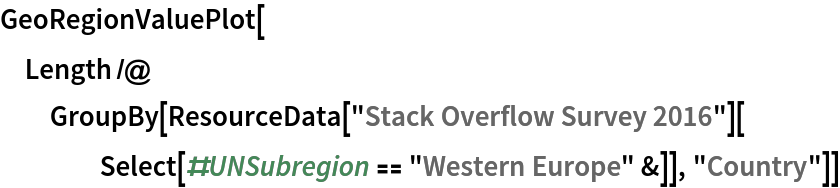 GeoRegionValuePlot[
 Length /@ GroupBy[ResourceData["Stack Overflow Survey 2016"][
    Select[#UNSubregion == "Western Europe" &]], "Country"]]