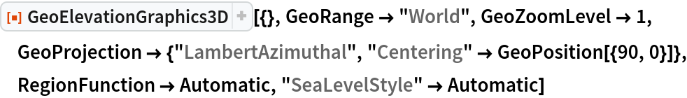 ResourceFunction["GeoElevationGraphics3D"][{}, GeoRange -> "World", GeoZoomLevel -> 1, GeoProjection -> {"LambertAzimuthal", "Centering" -> GeoPosition[{90, 0}]}, RegionFunction -> Automatic, "SeaLevelStyle" -> Automatic]
