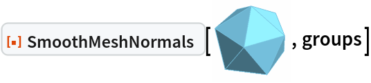 ResourceFunction["SmoothMeshNormals"][\!\(\*
Graphics3DBox[
TagBox[
DynamicModuleBox[{Typeset`mesh = HoldComplete[
BoundaryMeshRegion[{{0., 0., -0.9510565162951536}, {0., 0., 0.9510565162951536}, {-0.85065080835204, 0., -0.42532540417601994`}, {0.85065080835204, 0., 0.42532540417601994`}, {
        0.6881909602355868, -0.5, -0.42532540417601994`}, {
        0.6881909602355868, 0.5, -0.42532540417601994`}, {-0.6881909602355868, -0.5, 0.42532540417601994`}, {-0.6881909602355868, 0.5, 0.42532540417601994`}, {-0.2628655560595668, -0.8090169943749475, -0.42532540417601994`}, {-0.2628655560595668, 0.8090169943749475, -0.42532540417601994`}, {
        0.2628655560595668, -0.8090169943749475, 0.42532540417601994`}, {0.2628655560595668, 0.8090169943749475, 0.42532540417601994`}}, {
Polygon[{{2, 12, 8}, {2, 8, 7}, {2, 7, 11}, {2, 11, 4}, {2, 4, 12}, {
          5, 9, 1}, {6, 5, 1}, {10, 6, 1}, {3, 10, 1}, {9, 3, 1}, {12,
           10, 8}, {8, 3, 7}, {7, 9, 11}, {11, 5, 4}, {4, 6, 12}, {5, 11, 9}, {6, 4, 5}, {10, 12, 6}, {3, 8, 10}, {9, 7, 3}}]}, Method -> {"EliminateUnusedCoordinates" -> True, "DeleteDuplicateCoordinates" -> Automatic, "DeleteDuplicateCells" -> Automatic, "VertexAlias" -> Identity, "CheckOrientation" -> Automatic, "CoplanarityTolerance" -> Automatic, "CheckIntersections" -> Automatic, "BoundaryNesting" -> {{0, 0}}, "SeparateBoundaries" -> False, "TJunction" -> Automatic, "PropagateMarkers" -> True, "ZeroTest" -> Automatic, "Hash" -> 8666533147643514153}]]}, 
TagBox[GraphicsComplex3DBox[{{0., 0., -0.9510565162951536}, {0., 0., 0.9510565162951536}, {-0.85065080835204, 0., -0.42532540417601994`}, {0.85065080835204, 0., 0.42532540417601994`}, {
        0.6881909602355868, -0.5, -0.42532540417601994`}, {
        0.6881909602355868, 0.5, -0.42532540417601994`}, {-0.6881909602355868, -0.5, 0.42532540417601994`}, {-0.6881909602355868, 0.5, 0.42532540417601994`}, {-0.2628655560595668, -0.8090169943749475, -0.42532540417601994`}, {-0.2628655560595668, 0.8090169943749475, -0.42532540417601994`}, {
        0.2628655560595668, -0.8090169943749475, 0.42532540417601994`}, {0.2628655560595668, 0.8090169943749475, 0.42532540417601994`}}, 
{RGBColor[0.465719011680535, 0.7656186418234469, 0.8836254737685788], EdgeForm[RGBColor[
         0.465719011680535, 0.7656186418234469, 0.8836254737685788]], TagBox[Polygon3DBox[{{2, 12, 8}, {2, 8, 7}, {2, 7, 11}, {2, 11, 4}, {
           2, 4, 12}, {5, 9, 1}, {6, 5, 1}, {10, 6, 1}, {3, 10, 1}, {
           9, 3, 1}, {12, 10, 8}, {8, 3, 7}, {7, 9, 11}, {11, 5, 4}, {
           4, 6, 12}, {5, 11, 9}, {6, 4, 5}, {10, 12, 6}, {3, 8, 10}, {9, 7, 3}}],
Annotation[#, "Geometry"]& ]}],
MouseAppearanceTag["LinkHand"]],
AllowKernelInitialization->False],
"MeshGraphics3D",
AutoDelete->True,
Editable->False,
Selectable->False],
Boxed->False,
DefaultBaseStyle->{"MeshGraphics3D", FrontEnd`GraphicsHighlightColor -> Hue[0.1, 1, 0.7]},
ImageSize->{51.375, Automatic},
Lighting->{{"Ambient", 
GrayLevel[0.45]}, {"Directional", 
GrayLevel[0.3], 
ImageScaled[{2, 0, 2}]}, {"Directional", 
GrayLevel[0.33], 
ImageScaled[{2, 2, 2}]}, {"Directional", 
GrayLevel[0.3], 
ImageScaled[{0, 2, 2}]}}]\), groups]