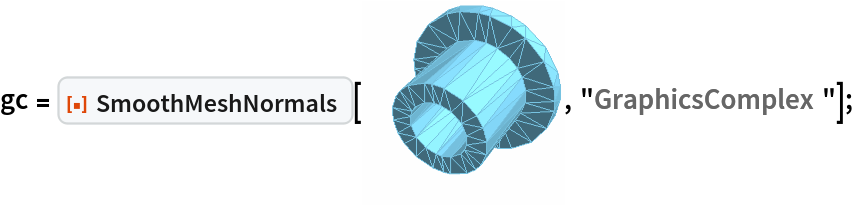 gc = ResourceFunction["SmoothMeshNormals"][\!\(\*
Graphics3DBox[
TagBox[
DynamicModuleBox[{
        Typeset`mesh = {MeshRegion, {Method -> {"EliminateUnusedCoordinates" -> True, "DeleteDuplicateCoordinates" -> Automatic, "DeleteDuplicateCells" -> Automatic, "VertexAlias" -> Identity, "CheckOrientation" -> Automatic, "CoplanarityTolerance" -> Automatic, "CheckIntersections" -> Automatic, "BoundaryNesting" -> Automatic, "SeparateBoundaries" -> Automatic, "TJunction" -> Automatic, "PropagateMarkers" -> True, "ZeroTest" -> Automatic}}}}, 
TagBox[GraphicsComplex3DBox[CompressedData["
1:eJx1lj1oVEEQx5+xEBFESJVG7grT+NUYtQlzAe0MfhYeorkkRhALRfATc7kz
QQ2aDwkxOVE5RUQCGiGFXfaw0C6lgoKchU1ARUREG92dm3n+5/EucDzeP/t2
Z377n53N9p0+MNASRdGQ/62M+C/3s7ff+Wep/dU18s/M2tbJ8Kw9/5wn0HMf
NrEe5RcPGX3Ln0r4PnIvj/P7aFfj+2OfGvr+zvM4PpMdG+d5rj4cRr0wszzK
z85To6jX8rtHwrN64est1KP2uUGeb1/LpJl/w/QJjqMza/Ta/MZCiKdw/dGY
GX948bJrsm7Qq+fmimb84/ezPP77j5KJP1q86YSnGe95Br1e2zaCfHL3fs04
4Yz8A2flZvbFc3PCDfXATeN3KfFnPtZvYDz1yrs7Tnji+MDTCU+zrufJ7/Pd
Yxh//dLgtBPOZl3PmYSzmcdzpiZxkvA0eXmeBPGEdR3sr8avuvpB51dd51du
qqvfMhNrzqCeWyhPqP+NLv6v95WmkGd1qeM27nscp9SR+iReV/LKda2fNn6Y
OzqOPkzGr76N5xee6vN4vPDXukBuuu+o676nrat+M/GL3wI31AM39bPRxc96
ziAfnn/r9llTLztWDGt9mf2S+krbX37OrK4Yf45svqL1btaVelffIjfm86B1
rxm/6iTHU33y9KyJZyFb5rrufTaEepVec93WfncYv9V62o400zne5Tdl1EtL
Db71t98qyCcaaOvh9fuju5hv9a/bxTxflIpmnp0HL/L/i1+MzzN7psrUJF/V
KUVPi4eEj/GJ50PCB/XAh7/rvm/2q7S8jr8PfIwPhU+a7oQb6oGbcjC654A+
ic9D7xPlY/L1fNQPSQ7oW40/+DY5DzXhTMgZfEUJbqgrN/QPJfgkdeWDOvIx
uvBBn2j8ybrQ+PldzrG4f/lzLOkfHI8+0Xw5TjlX43z9uZr0j3LQOqKUfNN0
rS/jN6kv9IlyYN3fczBfvOc4yFfvOeGeYPjIPSH0fRyvfT/0ZRyvfVn7bOxP
32dJdJfQlZvxifQj7fs4P8l+mXik7wQ/m/jlHA71YtaVczXUr/GPr1/NlxL5
8nf+3MB58Bwz8ftzjKL/9y7k2Wwegjjx/CfIC/sLcsD+S8AT+zvyx/sPwT7i
/Ypg3/G+R+If5BP8o37DfIPflIOJXzioD/G+jb7F+zn9A6Kdbpc=
"], 
{RGBColor[0.465719011680535, 0.7656186418234469, 0.8836254737685788], EdgeForm[RGBColor[
           0.465719011680535, 0.7656186418234469, 0.8836254737685788]], 
TagBox[Polygon3DBox[CompressedData["
1:eJwNwwOTcgsAANBNm7nZtm3bdWvzrc22+c/fvO/MHFF/U+5Dv76+/vsX9q+R
bKCQjWaK8YdihsHx1B+zhWqmUy02ugVOwjPoNjvDxmLYeSw7m8Xjs3l4Eo3E
pHHYfAGHz+UIhFwBhCsUQYQ0pkQMEUEhYilUjIBKZQjpN0LGlEuQ3zIFUoZC
KpQoBRqlVKGVErkJg1apMSosRq3BqnFYjRankVtNBJxWR9ASCTo9UWcg6slE
g8nq+7wg0A/k8YEiHlCr37d5ICYbxPcEgZx8+/wRfzzSmCBRDWSmgUJnUJEM
GhNBR+KZeD7ji2CwPozJh8WZsBITjiDBZfINmoSApxGIeAIMTyTDiAMYOd9u
UAbk0YAyHVF+phTq9GcxpTbaE/qCulrQGSv6dsVgbRmHLas9n7APrNOBzTmx
LycO98K5XbiT+Wa+37xuXMiL6+V5+DyvgO8NCLyb/UMoCASFAZEwGBIF98+H
WBQKi0NScTgqDT+en+f7I5NGY7KoQhZTKmKf9yuhjKmUiaQqoVYl3/dXSp3U
qFNaTSqtTem06awu/brf7tebXpfN6bMGfc5hyBkNDqfRcbtezEany+y0mF02
i8ttc9lt7uv54rG7eXZP3dGsOepOR83lrF3Op19Xrer6dbuqFXcVcFc8buB8
PHk9QNkLBLzlYKBcCpaLwdLpeAgFi+FQsRAuRsOF4+4Qixb+YoVe7C8R6x12
29162030wEQ3mQBTSbCTAtOpzna9Wi9X2XSnle00s61ctunINQvtv9VyMW8X
9vNCcV947ovvZ/H+Li5ni9K9eL2XytfS+VoGzuXjGVjMprsjsN4BlTWwXFeq
y8psWZ2Np7+zam32O57VhuNafVjrD+vT8Wg8HDX7dXi/SYI3W6Qmk9TqMFuj
4UDO7IDyjlUO+q3gsD+I+8FuHMzHu718d9CH9eGwdr731+79D73swPc=
"]],
Annotation[#, "Geometry"]& ]}],
MouseAppearanceTag["LinkHand"]],
AllowKernelInitialization->False],
"MeshGraphics3D",
AutoDelete->True,
Editable->False,
Selectable->False],
Boxed->False,
DefaultBaseStyle->{"MeshGraphics3D", FrontEnd`GraphicsHighlightColor -> Hue[0.1, 1, 0.7]},
Lighting->{{"Ambient", 
GrayLevel[0.45]}, {"Directional", 
GrayLevel[0.3], 
ImageScaled[{2, 0, 2}]}, {"Directional", 
GrayLevel[0.33], 
ImageScaled[{2, 2, 2}]}, {"Directional", 
GrayLevel[0.3], 
ImageScaled[{0, 2, 2}]}}]\), "GraphicsComplex"];