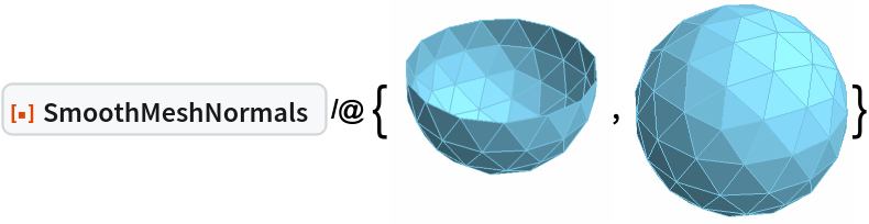 ResourceFunction["SmoothMeshNormals"] /@ {\!\(\*
Graphics3DBox[
TagBox[
DynamicModuleBox[{
       Typeset`mesh = {MeshRegion, {Method -> {"EliminateUnusedCoordinates" -> True, "DeleteDuplicateCoordinates" -> Automatic, "DeleteDuplicateCells" -> Automatic, "VertexAlias" -> Identity, "CheckOrientation" -> Automatic,
            "CoplanarityTolerance" -> Automatic, "CheckIntersections" -> Automatic, "BoundaryNesting" -> Automatic, "SeparateBoundaries" -> Automatic, "TJunction" -> Automatic, "PropagateMarkers" -> True, "ZeroTest" -> Automatic}}}}, 
TagBox[GraphicsComplex3DBox[CompressedData["
1:eJx1VF9IU2EUn+1BTKeoL42YOeE2rd6cZoGch/Tii4FTsCKDBVEvmygSVPgQ
hPhoDzKfEh9CFIT5JChyoJhMS8SWkjVRy8ucm04hULJAufc7BzrMC9/L4cfv
+/0593M/7vQ9uWCz2erPjv3sPD/p7Jr3JMDROuJY+LKJ3/Ywog3HcX3oY5n+
IQ6vjGjo0cMELr4v0WpebmLbtalwxdwWVE0Obs3E1nDIP/vU25DAyzuD07n2
KLiqBxpHX/zEw+E7N5cCSYVfVvh59LuejVcX7mNVZvziP88MLjn/NucYX3lu
y/od4MlC38RANAzOPr9+cD/FejwmzyfFs40hpac0r9wVCC+jYdfz++tS7Ev4
BZr3Ykmed2wXKi2d8Dm7XyC/Se1dkyPwC1hhdr9AvgQ/Er/QyXqEXzjHL4Sy
5w+Uv8iZ9Yh+mf+7eX+aeyA9R7eDvXpHknkIX7x+Ka4fG4ynfI6dSe1tcANz
a9+03FhdZT0WfoXxpEflzL7EvnG/NBf8vG9CJ+NVDjB19c/v1+0ZKDV1RIDy
obmlL4Ips98Yuu/6grPbe0D57owU1LofbCD1Qvi6/gJfxXUDKU/ij5s5p5H2
h+a3unu8937so0ftSZHisXxlOB+6V+CR8IIfiV/o4bnQj6R/V/m9YvnlfRL5
MF7kKfn5PxV6+D0hHtUbvxt0r7WfaX5nCK9yAO3/HEDMKU/JA+fcy/0KnYwX
vrhH6x2IAeXmtHioRxA90l6B2CveX6FHzikfPAVv+OwY
"], 
{RGBColor[0.465719011680535, 0.7656186418234469, 0.8836254737685788], EdgeForm[RGBColor[
          0.465719011680535, 0.7656186418234469, 0.8836254737685788]], 
TagBox[Polygon3DBox[CompressedData["
1:eJwNw0WSg0AAAMAwg7u7De4QEkKwT+wTctvT/v+26apGn7+fD7jdbr/f8BsD
EOIEQVKAxnGGpFkGh4AkcAanOV4QREkiKF4WRUjIGBQFnpBEKMqKqmm6YUiU
auq6IJmcoGuqZOiCblq247ieZ1C277qa4Sua69iG52quzwYME5KkRwVRGDpe
ZDkhE3hk6IRRjJIkzZCSpgnKi7Ks6sKqqrJo2q7rh5bt+64dp/t9fkzYPN+n
5/J6re+FW9fXgk0AbDTds9O4bUO/gamnt2EbuYXnd1meseW5749555dZ3h/7
U0GqepjmyqH4ON7roaLVPN5HbBW2ffp+qhT5eWbpaRepf2ZnzrZBcEVRZbXN
ddXVFbRVdNVX8w8DMCZm
"]],
Annotation[#, "Geometry"]& ]}],
MouseAppearanceTag["LinkHand"]],
AllowKernelInitialization->False],
"MeshGraphics3D",
AutoDelete->True,
Editable->False,
Selectable->False],
Boxed->False,
DefaultBaseStyle->{"MeshGraphics3D", FrontEnd`GraphicsHighlightColor -> Hue[0.1, 1, 0.7]},
Lighting->{{"Ambient", 
GrayLevel[0.45]}, {"Directional", 
GrayLevel[0.3], 
ImageScaled[{2, 0, 2}]}, {"Directional", 
GrayLevel[0.33], 
ImageScaled[{2, 2, 2}]}, {"Directional", 
GrayLevel[0.3], 
ImageScaled[{0, 2, 2}]}}]\), \!\(\*
Graphics3DBox[
TagBox[
DynamicModuleBox[{Typeset`mesh = HoldComplete[
BoundaryMeshRegion[CompressedData["
1:eJx1VU1I02EYX+0glitYl1asmjCX1c1l1uU5VKNLQSvoAwsUoi6bFBH0dQhC
PNpB9JR4iEgI1klI5IHCmPYhy5I+Fmrtz9ymbkGQZEGxPc9z+NH/D7v8eHje
39f7LtTZFb+w1uPxtP/7eT1uX4VO7hpJNb7IcPOTvvnR6QnqDF4abtmwLPi8
4B9poGPsYvRQnq6tdl2eiOTZd2LIN/l2jj4s8Xh4MEvN5eF1fyKjNBX4fXSN
8872bF3oe1rnTXOwpffww+tf6fvgwX1TiQJlB55viz3L8k0n3X++PU+vH/jD
e2/MUaS65yW9qe7JUb+cuzrZ/bg3neJAd0escqZk85vqdwQTqQw53tj6nraS
8QFd7KKLXXSx7imG7x/xJb6xOSb8b7G/PvqoyDtl/yvhAzgpDv4YH9DLqhd0
GR/wk9VP8IfVH/DZcP+XzdnYyntSXcqnhjuGqz+fqucvGq58VgKF8L3kLNW1
3j2+Z2bG+Pw8kLwdO1cwvXqu+C94znDYYz2Becsd9hsuORLkyLoHchc8Q9AT
9vz3q7D4SeAnSy4EubDkzpA7S14EebH0gaEPLH1g6AODXnLRSy569Z6y9Jag
tyz9t9yl/ziv/Ueexgd06b1Gf8jFH3LxWXuCudi89Jahtyw9N1z9kXthuPKR
vjH0jaW3DL1V/xl6izi77LH+wLk2r+/JSNOvH3dOleXejlOpmtc0h47Fk2O5
JX0vqK2nId6427H3VufVf9jDC0MNraGzs/beKl7zedH+F3RPjX/ZfNNzYZ51
fv+Vq9HTn5e5Sfq2UfYDzooDf9tTFL3ba3p5i5wL/tg86FKcwQcGHwjm7X3S
+656hT8Bf/WfgL/6SeAPwx71B8+1fIGn5QL7LUfgY7j4SeCn9LNMkC9L3wj6
Zv0Fnoirb/wXoJZR7w==
"], {
Polygon[CompressedData["
1:eJwNw+e6sQAAAGBKhZBZVpJRGdmEQioZDVRm/To3cG7uu8DvvM/z0j+/zg8Q
CoX+/QX/hiEAgEEQiUBRGI4h0XgMBiAEhGNwNAygaCqRwJIAmEqlMTCSTqEA
lkilU2AYzWTy2WwhhybyebyQSOL5DFrI5vF8IpwhiHKxWCllsuVytZLNVctE
plIsV8vZMAFBZDRaixNFkqRqxRJFQkQtSlJksd6i6XajwTRbbLvNMWyHa9Mt
ptHm2myX7/UG/X6jyQ8HA7oxrNODHt/oD+jBcDQdj2eTSb85nc9mvf6825uN
p/3JrDebL1aCsF4uJ82VuF6PJ+JovBZWk+V6vBY7EsdtGGbZlLabjbDcLoQN
Jy2ZjbDZxnexmIwg+8hOkWV1r4xUObbbI7IqKxEtnT5gmJ7UjofDST8uToe0
pmOH0+GYPOP4pVAwcmfzcrEMs2Nd8LNRuFgXM2dXq9dK5Vay79erc7vXnWvV
vlWuzvVecinKq9Uecffpea/Hs/vyKPdR817es35vtd4sa3Xu9vttWHbOeLfu
Fvs23nb3yfOf4dCpP93P5+a4pduHfzrDz+3jjpTp9Dufv7rK7vt9vHbxx3eq
vObfx3e3OK5Wviiqo6Pm+3tVi+z91VEV/b2vdUxJCrbb08I8B4F+Oif1QDJP
20APzv8BRgFlYA==
"]]}, Method -> {"EliminateUnusedCoordinates" -> True, "DeleteDuplicateCoordinates" -> Automatic, "DeleteDuplicateCells" -> Automatic, "VertexAlias" -> Identity, "CheckOrientation" -> Automatic,
            "CoplanarityTolerance" -> Automatic, "CheckIntersections" -> Automatic, "BoundaryNesting" -> {{0, 0}}, "SeparateBoundaries" -> False, "TJunction" -> Automatic, "PropagateMarkers" -> True, "ZeroTest" -> Automatic, "Hash" -> 7064558820095282966}]]}, 
TagBox[GraphicsComplex3DBox[CompressedData["
1:eJx1VU1I02EYX+0glitYl1asmjCX1c1l1uU5VKNLQSvoAwsUoi6bFBH0dQhC
PNpB9JR4iEgI1klI5IHCmPYhy5I+Fmrtz9ymbkGQZEGxPc9z+NH/D7v8eHje
39f7LtTZFb+w1uPxtP/7eT1uX4VO7hpJNb7IcPOTvvnR6QnqDF4abtmwLPi8
4B9poGPsYvRQnq6tdl2eiOTZd2LIN/l2jj4s8Xh4MEvN5eF1fyKjNBX4fXSN
8872bF3oe1rnTXOwpffww+tf6fvgwX1TiQJlB55viz3L8k0n3X++PU+vH/jD
e2/MUaS65yW9qe7JUb+cuzrZ/bg3neJAd0escqZk85vqdwQTqQw53tj6nraS
8QFd7KKLXXSx7imG7x/xJb6xOSb8b7G/PvqoyDtl/yvhAzgpDv4YH9DLqhd0
GR/wk9VP8IfVH/DZcP+XzdnYyntSXcqnhjuGqz+fqucvGq58VgKF8L3kLNW1
3j2+Z2bG+Pw8kLwdO1cwvXqu+C94znDYYz2Becsd9hsuORLkyLoHchc8Q9AT
9vz3q7D4SeAnSy4EubDkzpA7S14EebH0gaEPLH1g6AODXnLRSy569Z6y9Jag
tyz9t9yl/ziv/Ueexgd06b1Gf8jFH3LxWXuCudi89Jahtyw9N1z9kXthuPKR
vjH0jaW3DL1V/xl6izi77LH+wLk2r+/JSNOvH3dOleXejlOpmtc0h47Fk2O5
JX0vqK2nId6427H3VufVf9jDC0MNraGzs/beKl7zedH+F3RPjX/ZfNNzYZ51
fv+Vq9HTn5e5Sfq2UfYDzooDf9tTFL3ba3p5i5wL/tg86FKcwQcGHwjm7X3S
+656hT8Bf/WfgL/6SeAPwx71B8+1fIGn5QL7LUfgY7j4SeCn9LNMkC9L3wj6
Zv0Fnoirb/wXoJZR7w==
"], 
{RGBColor[0.465719011680535, 0.7656186418234469, 0.8836254737685788], EdgeForm[RGBColor[
          0.465719011680535, 0.7656186418234469, 0.8836254737685788]], 
TagBox[Polygon3DBox[CompressedData["
1:eJwNw+e6sQAAAGBKhZBZVpJRGdmEQioZDVRm/To3cG7uu8DvvM/z0j+/zg8Q
CoX+/QX/hiEAgEEQiUBRGI4h0XgMBiAEhGNwNAygaCqRwJIAmEqlMTCSTqEA
lkilU2AYzWTy2WwhhybyebyQSOL5DFrI5vF8IpwhiHKxWCllsuVytZLNVctE
plIsV8vZMAFBZDRaixNFkqRqxRJFQkQtSlJksd6i6XajwTRbbLvNMWyHa9Mt
ptHm2myX7/UG/X6jyQ8HA7oxrNODHt/oD+jBcDQdj2eTSb85nc9mvf6825uN
p/3JrDebL1aCsF4uJ82VuF6PJ+JovBZWk+V6vBY7EsdtGGbZlLabjbDcLoQN
Jy2ZjbDZxnexmIwg+8hOkWV1r4xUObbbI7IqKxEtnT5gmJ7UjofDST8uToe0
pmOH0+GYPOP4pVAwcmfzcrEMs2Nd8LNRuFgXM2dXq9dK5Vay79erc7vXnWvV
vlWuzvVecinKq9Uecffpea/Hs/vyKPdR817es35vtd4sa3Xu9vttWHbOeLfu
Fvs23nb3yfOf4dCpP93P5+a4pduHfzrDz+3jjpTp9Dufv7rK7vt9vHbxx3eq
vObfx3e3OK5Wviiqo6Pm+3tVi+z91VEV/b2vdUxJCrbb08I8B4F+Oif1QDJP
20APzv8BRgFlYA==
"]],
Annotation[#, "Geometry"]& ]}],
MouseAppearanceTag["LinkHand"]],
AllowKernelInitialization->False],
"MeshGraphics3D",
AutoDelete->True,
Editable->False,
Selectable->False],
Boxed->False,
DefaultBaseStyle->{"MeshGraphics3D", FrontEnd`GraphicsHighlightColor -> Hue[0.1, 1, 0.7]},
Lighting->{{"Ambient", 
GrayLevel[0.45]}, {"Directional", 
GrayLevel[0.3], 
ImageScaled[{2, 0, 2}]}, {"Directional", 
GrayLevel[0.33], 
ImageScaled[{2, 2, 2}]}, {"Directional", 
GrayLevel[0.3], 
ImageScaled[{0, 2, 2}]}}]\)}