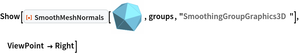 Show[ResourceFunction["SmoothMeshNormals"][\!\(\*
Graphics3DBox[
TagBox[
DynamicModuleBox[{Typeset`mesh = HoldComplete[
BoundaryMeshRegion[{{0., 0., -0.9510565162951536}, {0., 0., 0.9510565162951536}, {-0.85065080835204, 0., -0.42532540417601994`}, {0.85065080835204, 0., 0.42532540417601994`}, {
         0.6881909602355868, -0.5, -0.42532540417601994`}, {
         0.6881909602355868, 0.5, -0.42532540417601994`}, {-0.6881909602355868, -0.5, 0.42532540417601994`}, {-0.6881909602355868, 0.5, 0.42532540417601994`}, {-0.2628655560595668, -0.8090169943749475, -0.42532540417601994`}, {-0.2628655560595668, 0.8090169943749475, -0.42532540417601994`}, {
         0.2628655560595668, -0.8090169943749475, 0.42532540417601994`}, {0.2628655560595668, 0.8090169943749475, 0.42532540417601994`}}, {
Polygon[{{2, 12, 8}, {2, 8, 7}, {2, 7, 11}, {2, 11, 4}, {2, 4, 12}, {
           5, 9, 1}, {6, 5, 1}, {10, 6, 1}, {3, 10, 1}, {9, 3, 1}, {
           12, 10, 8}, {8, 3, 7}, {7, 9, 11}, {11, 5, 4}, {4, 6, 12}, {5, 11, 9}, {6, 4, 5}, {10, 12, 6}, {3, 8, 10}, {9, 7,
            3}}]}, Method -> {"EliminateUnusedCoordinates" -> True, "DeleteDuplicateCoordinates" -> Automatic, "DeleteDuplicateCells" -> Automatic, "VertexAlias" -> Identity, "CheckOrientation" -> Automatic,
            "CoplanarityTolerance" -> Automatic, "CheckIntersections" -> Automatic, "BoundaryNesting" -> {{0, 0}}, "SeparateBoundaries" -> False, "TJunction" -> Automatic, "PropagateMarkers" -> True, "ZeroTest" -> Automatic, "Hash" -> 8666533147643514153}]]}, 
TagBox[GraphicsComplex3DBox[{{0., 0., -0.9510565162951536}, {0., 0., 0.9510565162951536}, {-0.85065080835204, 0., -0.42532540417601994`}, {0.85065080835204, 0., 0.42532540417601994`}, {
         0.6881909602355868, -0.5, -0.42532540417601994`}, {
         0.6881909602355868, 0.5, -0.42532540417601994`}, {-0.6881909602355868, -0.5, 0.42532540417601994`}, {-0.6881909602355868, 0.5, 0.42532540417601994`}, {-0.2628655560595668, -0.8090169943749475, -0.42532540417601994`}, {-0.2628655560595668, 0.8090169943749475, -0.42532540417601994`}, {
         0.2628655560595668, -0.8090169943749475, 0.42532540417601994`}, {0.2628655560595668, 0.8090169943749475, 0.42532540417601994`}}, 
{RGBColor[0.465719011680535, 0.7656186418234469, 0.8836254737685788], EdgeForm[RGBColor[
          0.465719011680535, 0.7656186418234469, 0.8836254737685788]], 
TagBox[Polygon3DBox[{{2, 12, 8}, {2, 8, 7}, {2, 7, 11}, {2, 11, 4}, {
            2, 4, 12}, {5, 9, 1}, {6, 5, 1}, {10, 6, 1}, {3, 10, 1}, {
            9, 3, 1}, {12, 10, 8}, {8, 3, 7}, {7, 9, 11}, {11, 5, 4}, {4, 6, 12}, {5, 11, 9}, {6, 4, 5}, {10, 12, 6}, {3, 8,
             10}, {9, 7, 3}}],
Annotation[#, "Geometry"]& ]}],
MouseAppearanceTag["LinkHand"]],
AllowKernelInitialization->False],
"MeshGraphics3D",
AutoDelete->True,
Editable->False,
Selectable->False],
Boxed->False,
DefaultBaseStyle->{"MeshGraphics3D", FrontEnd`GraphicsHighlightColor -> Hue[0.1, 1, 0.7]},
ImageSize->{51.375, Automatic},
Lighting->{{"Ambient", 
GrayLevel[0.45]}, {"Directional", 
GrayLevel[0.3], 
ImageScaled[{2, 0, 2}]}, {"Directional", 
GrayLevel[0.33], 
ImageScaled[{2, 2, 2}]}, {"Directional", 
GrayLevel[0.3], 
ImageScaled[{0, 2, 2}]}}]\), groups, "SmoothingGroupGraphics3D"], ViewPoint -> Right]