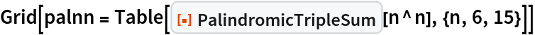 Grid[palnn = Table[ResourceFunction["PalindromicTripleSum"][n^n], {n, 6, 15}]]