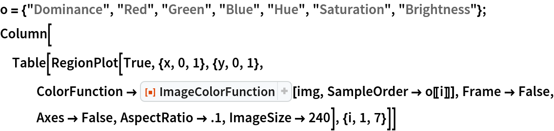 o = {"Dominance", "Red", "Green", "Blue", "Hue", "Saturation", "Brightness"};
Column[Table[
  RegionPlot[True, {x, 0, 1}, {y, 0, 1}, ColorFunction -> ResourceFunction["ImageColorFunction"][img, SampleOrder -> o[[i]]], Frame -> False, Axes -> False, AspectRatio -> .1, ImageSize -> 240], {i, 1, 7}]]