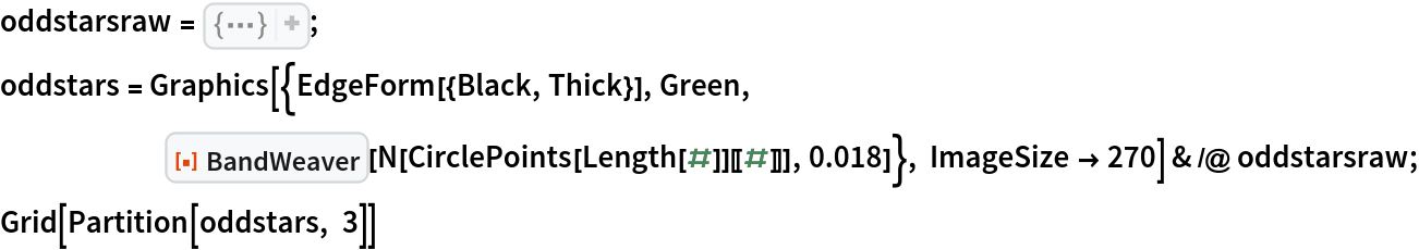 oddstarsraw = {{1, 4, 11, 2, 9, 12, 7, 10, 5, 8, 3, 6}, {1, 6, 3, 8, 5, 10, 7, 12, 9, 14, 11, 2, 13, 4}, {1, 10, 7, 2, 13, 8, 5, 14, 11,
    6, 3, 12, 9, 4}, {1, 4, 11, 14, 5, 8, 15, 2, 9, 12, 3, 6, 13, 16, 7, 10}, {1, 6, 15, 4, 13, 2, 11, 16, 9, 14, 7, 12, 5, 10, 3, 8}, {
   1, 10, 7, 16, 13, 6, 3, 12, 9, 2, 15, 8, 5, 14, 11, 4}, {1, 4, 11, 14, 3, 6, 13, 16, 5, 8, 15, 18, 7, 10, 17, 2, 9, 12}, {1, 6, 15, 20, 9, 14, 3, 8, 17, 2, 11, 16, 5, 10, 19, 4, 13, 18, 7, 12}, {1, 4, 13, 16, 3, 6, 15, 18, 5, 8, 17, 20, 7, 10, 19, 22, 9, 12, 21, 2,
    11, 14}, {1, 6, 19, 2, 15, 20, 11, 16, 7, 12, 3, 8, 21, 4, 17, 22,
    13, 18, 9, 14, 5, 10}, {1, 16, 13, 6, 3, 18, 15, 8, 5, 20, 17, 10,
    7, 22, 19, 12, 9, 2, 21, 14, 11, 4}, {1, 4, 11, 14, 21, 24, 7, 10,
    17, 20, 3, 6, 13, 16, 23, 2, 9, 12, 19, 22, 5, 8, 15, 18}};
oddstars = Graphics[{EdgeForm[{Black, Thick}], Green,
      ResourceFunction["BandWeaver"][N[CirclePoints[Length[#]][[#]]], 0.018]}, ImageSize -> 270] & /@ oddstarsraw;
Grid[Partition[oddstars, 3]]