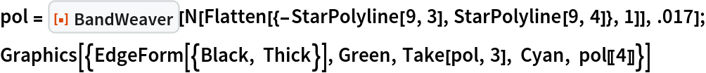 pol = ResourceFunction["BandWeaver"][
   N[Flatten[{-StarPolyline[9, 3], StarPolyline[9, 4]}, 1]], .017];
Graphics[{EdgeForm[{Black, Thick}], Green, Take[pol, 3], Cyan, pol[[4]]}]