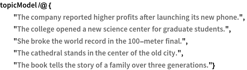 topicModel /@ {
  "The company reported higher profits after launching its new phone.",
  "The college opened a new science center for graduate students.",
  "She broke the world record in the 100-meter final.",
  "The cathedral stands in the center of the old city.",
  "The book tells the story of a family over three generations."}