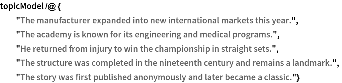 topicModel /@ {
  "The manufacturer expanded into new international markets this year.",
  "The academy is known for its engineering and medical programs.",
  "He returned from injury to win the championship in straight sets.",
  "The structure was completed in the nineteenth century and remains a landmark.",
  "The story was first published anonymously and later became a classic."}